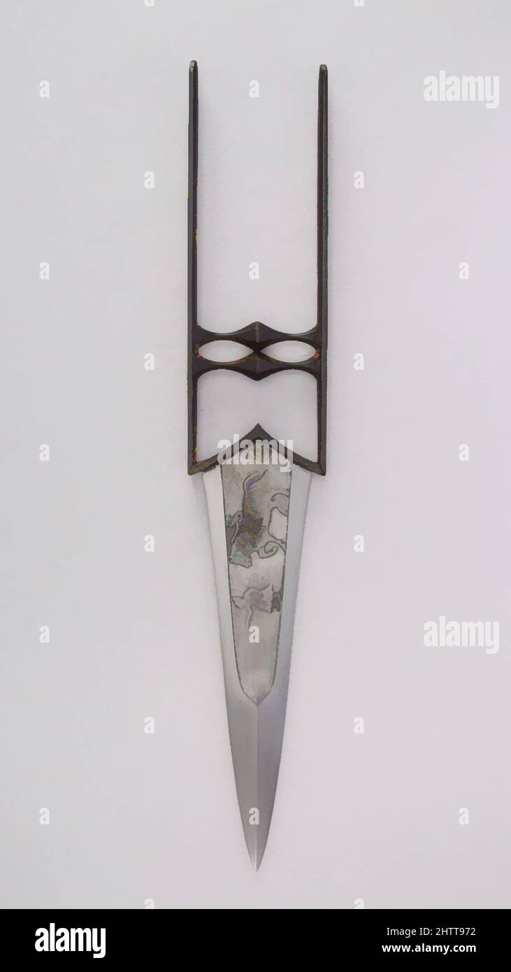 Arte ispirata da Dagger (Katar), 18th secolo, indiano, acciaio, oro, L. 19 1/2 poll. (49,5 cm); W. 3 5/16" (8,4 cm); peso 1 libbre 6,7 once (643,5 g), Daggers, opere classiche modernizzate da Artotop con un tuffo di modernità. Forme, colore e valore, impatto visivo accattivante sulle emozioni artistiche attraverso la libertà delle opere d'arte in modo contemporaneo. Un messaggio senza tempo che persegue una nuova direzione selvaggiamente creativa. Artisti che si rivolgono al supporto digitale e creano l'NFT Artotop Foto Stock