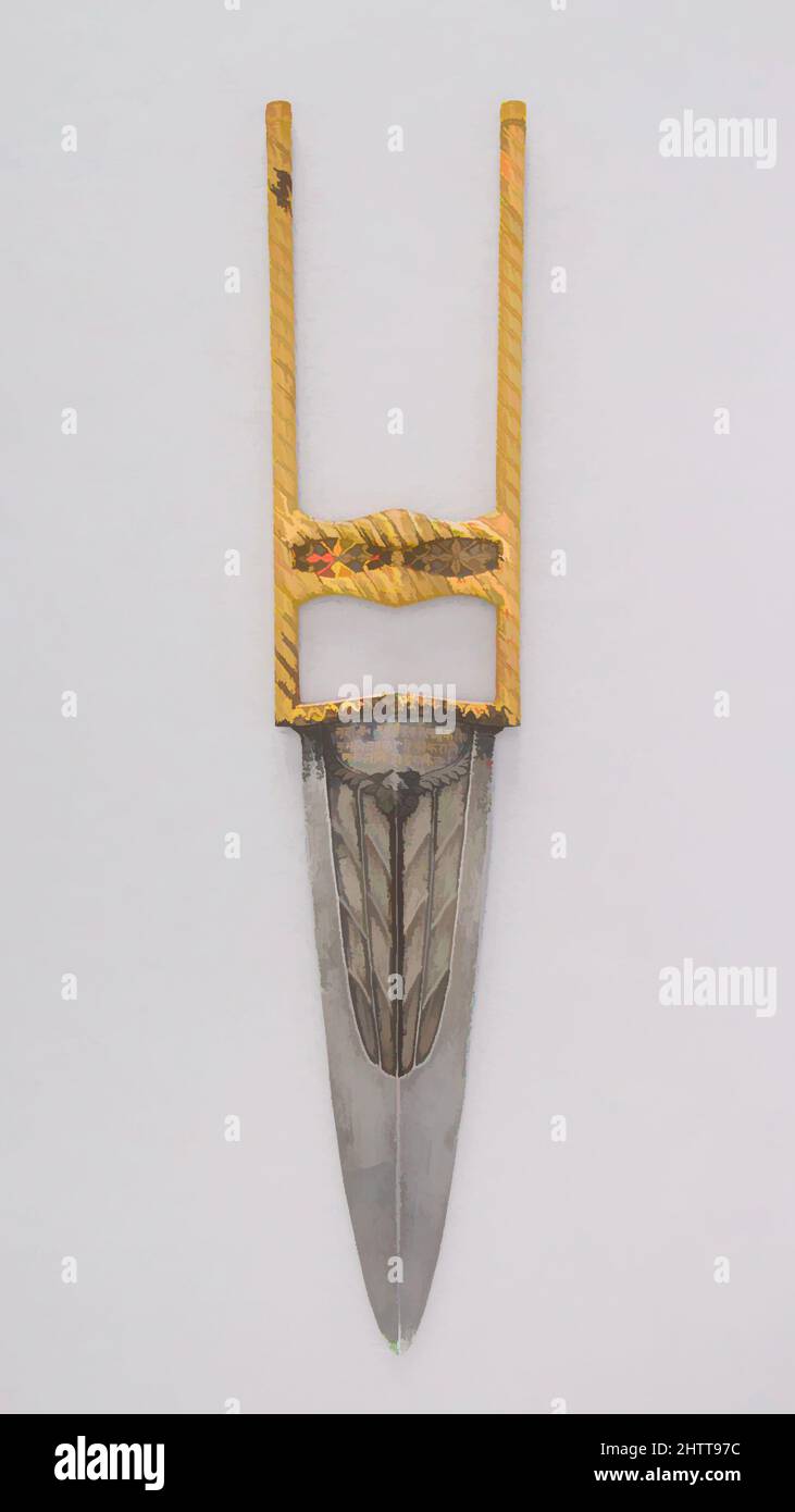 Arte ispirata da Dagger (Katar), 1852, Bundi, Rajasthan, indiano, Rajasthan, acciaio, oro, L. 17 1/2 poll. (44,5 cm); W. 3 9/16" (9 cm); peso 1 libbre 4,4 once (578,3 g), Daggers, unico per l'Asia meridionale, il katar è un pugnale che è afferrato alle traverse in un pugno clenched. L'arma era, opere classiche modernizzate da Artotop con un tuffo di modernità. Forme, colore e valore, impatto visivo accattivante sulle emozioni artistiche attraverso la libertà delle opere d'arte in modo contemporaneo. Un messaggio senza tempo che persegue una nuova direzione selvaggiamente creativa. Artisti che si rivolgono al supporto digitale e creano l'NFT Artotop Foto Stock