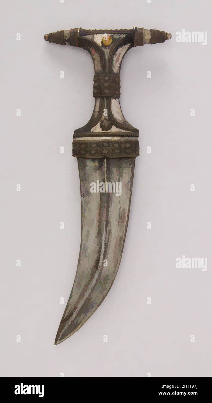 Arte ispirata da Dagger (Jambiya), 18th secolo, Arabo, acciaio, legno, Argento, rame, ottone, H. 11 7/8 poll. (30,2 cm); H. della lama 7 3/8" (18,7 cm); W. 4 3/4" (12,1 cm); peso 9,2 once (260,8 g), Daggers, opere classiche modernizzate da Artotop con un tuffo di modernità. Forme, colore e valore, impatto visivo accattivante sulle emozioni artistiche attraverso la libertà delle opere d'arte in modo contemporaneo. Un messaggio senza tempo che persegue una nuova direzione selvaggiamente creativa. Artisti che si rivolgono al supporto digitale e creano l'NFT Artotop Foto Stock