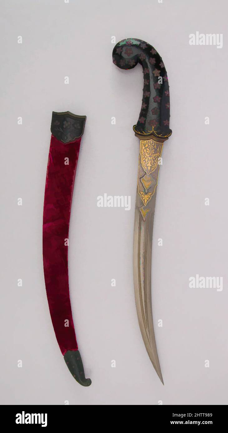 Arte ispirata da Dagger (Jambiya) con guaina, 18th secolo, ottomano, acciaio, giada, oro, velluto, gemma, H. con guaina da 20 poll. (50,8 cm); H. senza guaina da 18 1/2" (47 cm); H. della lama 13 1/4" (33,7 cm); W. 3 1/8" (7,9 cm); D. 15/16" (2,4 cm); peso 15,2 once (430,9 g); WT, opere classiche modernizzate da Artotop con un tuffo di modernità. Forme, colore e valore, impatto visivo accattivante sulle emozioni artistiche attraverso la libertà delle opere d'arte in modo contemporaneo. Un messaggio senza tempo che persegue una nuova direzione selvaggiamente creativa. Artisti che si rivolgono al supporto digitale e creano l'NFT Artotop Foto Stock