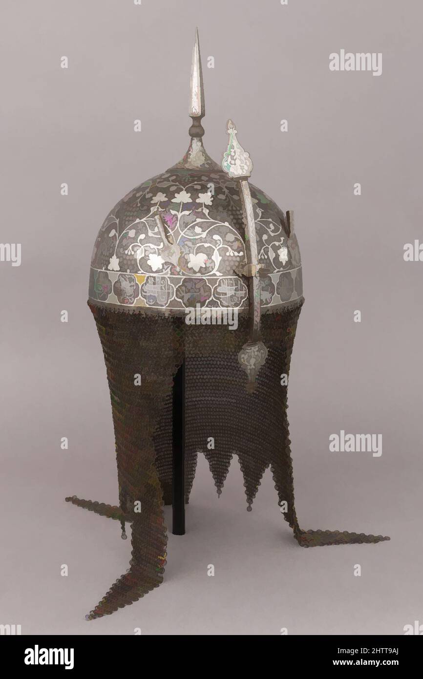 Arte ispirata da casco, Arm Guard, e Shield, 1751, indiano, Acciaio, argento, casco (a); H. compresa la lettera 25 1/4" (64,1 cm); H. incluso nasale da 16" (40,6 cm); H. esclusi posta e nasale da 10 1/2" (26,7 cm); W. 8 1/2" (21,6 cm); D. 9 1/4" (23,5 cm); peso 3 libbre 13,3 once (, opere classiche modernizzate da Artotop con un tuffo di modernità. Forme, colore e valore, impatto visivo accattivante sulle emozioni artistiche attraverso la libertà delle opere d'arte in modo contemporaneo. Un messaggio senza tempo che persegue una nuova direzione selvaggiamente creativa. Artisti che si rivolgono al supporto digitale e creano l'NFT Artotop Foto Stock