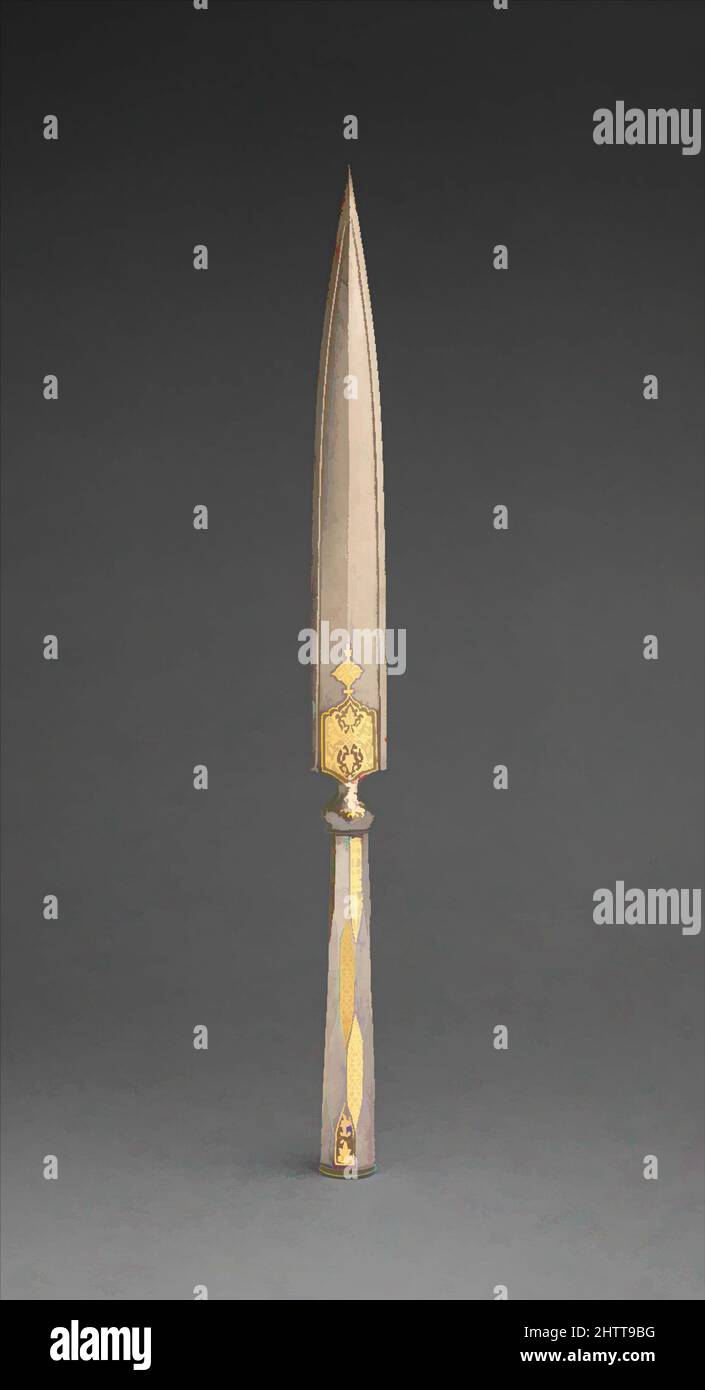 Arte ispirata da Spear, 18th secolo, India del nord, acciaio, oro, L. 50 1/2 poll. (128,3 cm); L. della testa 19" (48,3 cm); W. 1 1/2" (3,8 cm); peso 1 libbre 6,1 once (626,5 g), armi Shafted, Spears erano uno strumento versatile per le spedizioni di caccia reale, come dimostrato dalla loro illustrazione in, opere classiche modernizzate da Artotop con un tuffo di modernità. Forme, colore e valore, impatto visivo accattivante sulle emozioni artistiche attraverso la libertà delle opere d'arte in modo contemporaneo. Un messaggio senza tempo che persegue una nuova direzione selvaggiamente creativa. Artisti che si rivolgono al supporto digitale e creano l'NFT Artotop Foto Stock