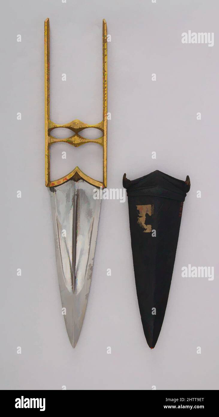 Arte ispirata da Dagger (Katar) con guaina, 18th–19th secolo, indiano, acciaio, oro, Pelle, L. con guaina da 16 7/8 poll. (42,9 cm); L. senza guaina da 15 9/16" (39,5 cm); L. della lama da 8 3/4" (22,2 cm); W. 3 1/16" (7,8 cm); D. 9/16" (1,4 cm); peso 14,6 once (413,9 g); in peso, opere classiche modernizzate da Artotop con un tuffo di modernità. Forme, colore e valore, impatto visivo accattivante sulle emozioni artistiche attraverso la libertà delle opere d'arte in modo contemporaneo. Un messaggio senza tempo che persegue una nuova direzione selvaggiamente creativa. Artisti che si rivolgono al supporto digitale e creano l'NFT Artotop Foto Stock