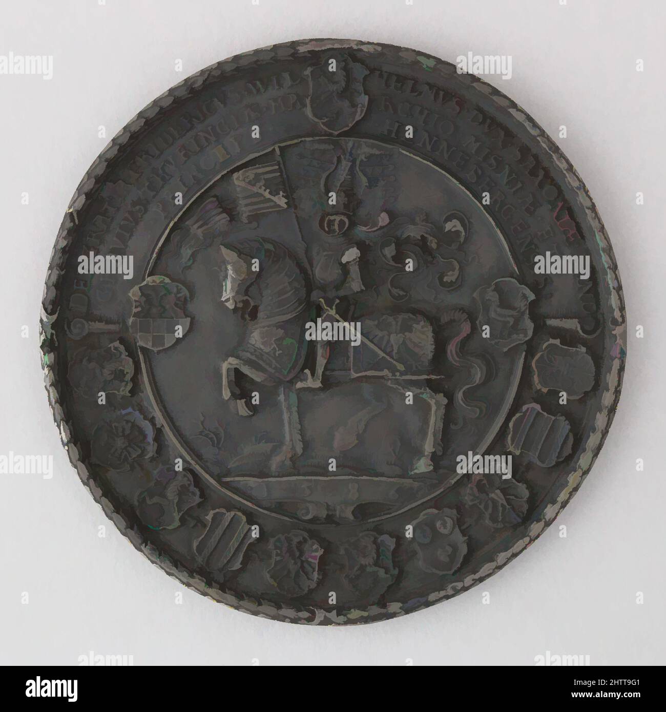 Arte ispirata da Sigillo di Federico Guglielmo, Duca di Sassonia, 1586, Tedesco, Lead, Diam. 3 7/16 poll. (8,7 cm); spessore 3/16" (0,5 cm); peso 3,9 once (110,6 g), varie, opere classiche modernizzate da Artotop con un tuffo di modernità. Forme, colore e valore, impatto visivo accattivante sulle emozioni artistiche attraverso la libertà delle opere d'arte in modo contemporaneo. Un messaggio senza tempo che persegue una nuova direzione selvaggiamente creativa. Artisti che si rivolgono al supporto digitale e creano l'NFT Artotop Foto Stock