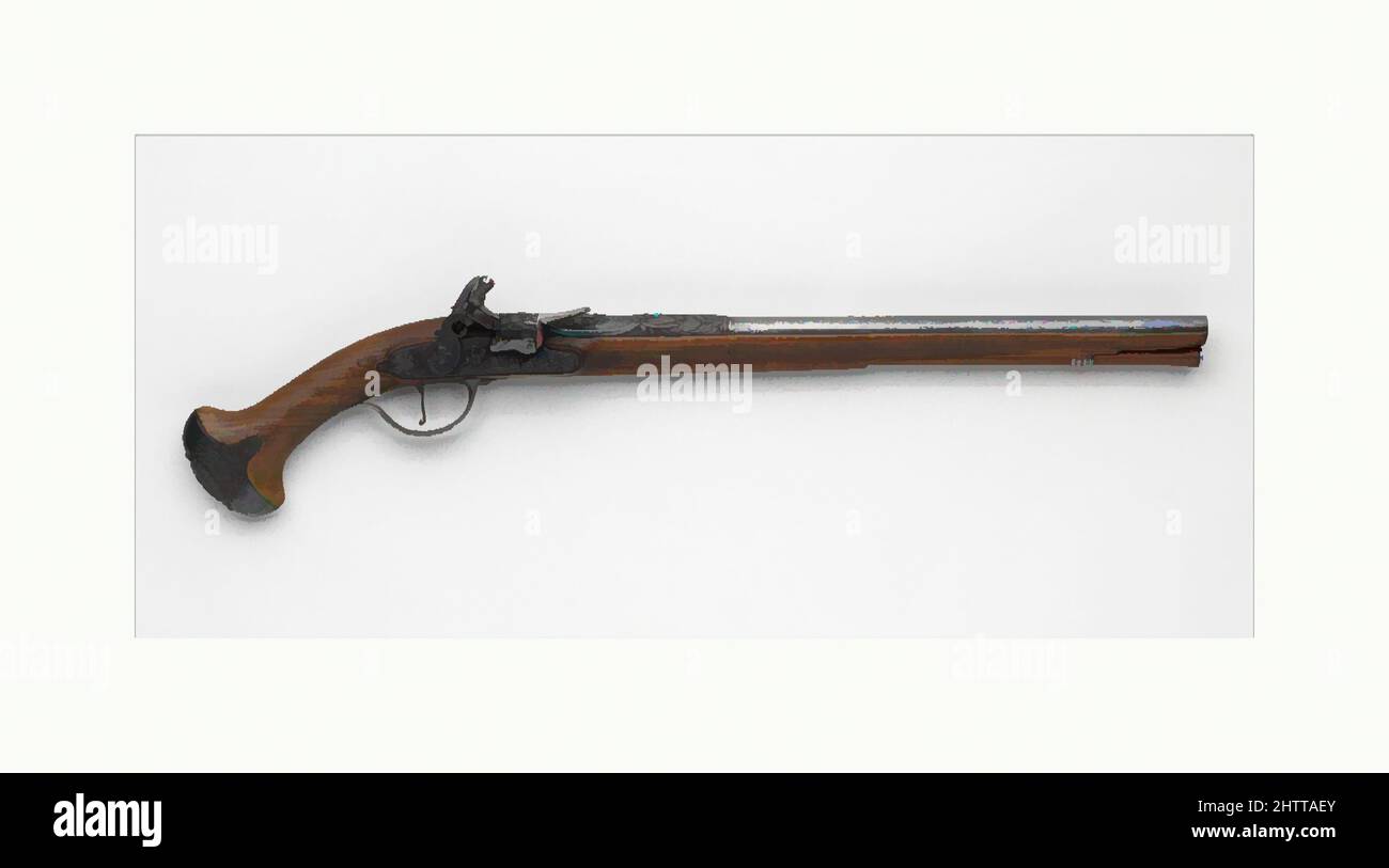 Arte ispirata a Flintlock Pistol, ca. 1650, eventualmente Liegi, eventualmente belga, Liegi, acciaio, ferro, legno (noce), L. 24 3/4 poll. (62,7 cm); L. di barile 17 1/16" (43,3 cm), armi da fuoco-pistole-Flintlock, questa pistola è uno di un piccolo gruppo di pistole flintlock e pistole con alte opere classiche modernizzate da Artotop con un tuffo di modernità. Forme, colore e valore, impatto visivo accattivante sulle emozioni artistiche attraverso la libertà delle opere d'arte in modo contemporaneo. Un messaggio senza tempo che persegue una nuova direzione selvaggiamente creativa. Artisti che si rivolgono al supporto digitale e creano l'NFT Artotop Foto Stock