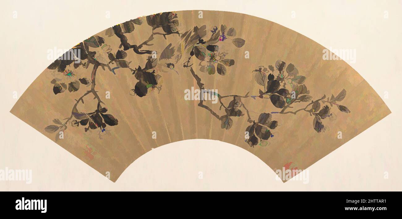 Art Inspired by Bird on a Flowering Branch, Ming Dynasty (1368–1644), China, Folding fan montato come una foglia di album; inchiostro su carta d'oro, 6 1/2 x 19 1/4 pollici (16,5 x 48,9 cm), dipinti, Zhang Chong (cinese, attivo ca. 1570–1610, opere classiche modernizzate da Artotop con un tocco di modernità. Forme, colore e valore, impatto visivo accattivante sulle emozioni artistiche attraverso la libertà delle opere d'arte in modo contemporaneo. Un messaggio senza tempo che persegue una nuova direzione selvaggiamente creativa. Artisti che si rivolgono al supporto digitale e creano l'NFT Artotop Foto Stock