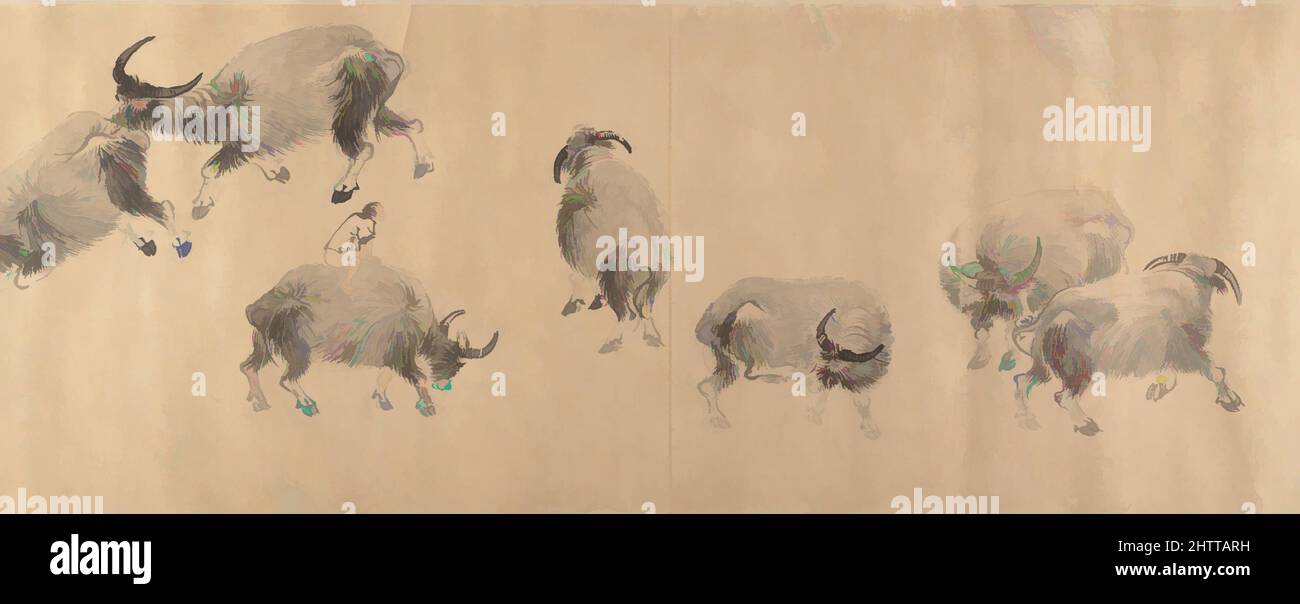Arte ispirata da bufali d'acqua, dinastia Ming (1368-1644), datata 1639, Cina, Handscroll; inchiostro su carta, 10 3/4 x 173 23/32 pollici (27,3 x 441,3 cm), dipinti, Zhang Hong (cinese, 1577–dopo il 1652, opere classiche modernizzate da Artotop con un tuffo di modernità. Forme, colore e valore, impatto visivo accattivante sulle emozioni artistiche attraverso la libertà delle opere d'arte in modo contemporaneo. Un messaggio senza tempo che persegue una nuova direzione selvaggiamente creativa. Artisti che si rivolgono al supporto digitale e creano l'NFT Artotop Foto Stock