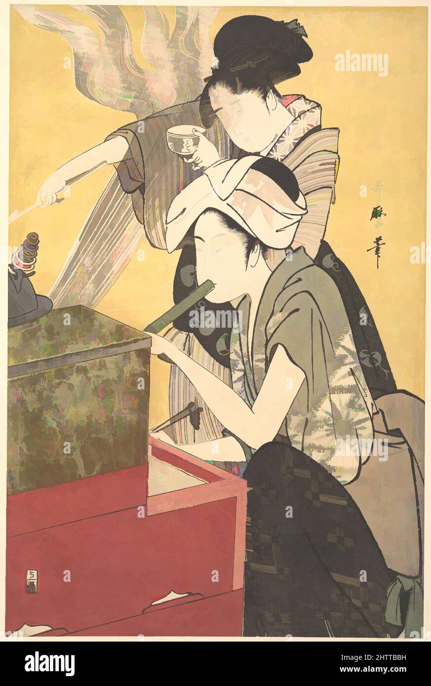 Arte ispirata alla cucina, periodo Edo (1615–1868), 1795, Giappone, foglio destro di un trittico di stampe policrome a blocchi di legno; inchiostro e colore su carta, 15 x 10 pollici (38,1 x 25,4 cm), stampe, Kitagawa Utamaro (giapponese, 1753?–1806), Utamaro ha ampliato la portata del bijin-ga, stampe di, opere classiche modernizzate da Artotop con un tuffo di modernità. Forme, colore e valore, impatto visivo accattivante sulle emozioni artistiche attraverso la libertà delle opere d'arte in modo contemporaneo. Un messaggio senza tempo che persegue una nuova direzione selvaggiamente creativa. Artisti che si rivolgono al supporto digitale e creano l'NFT Artotop Foto Stock