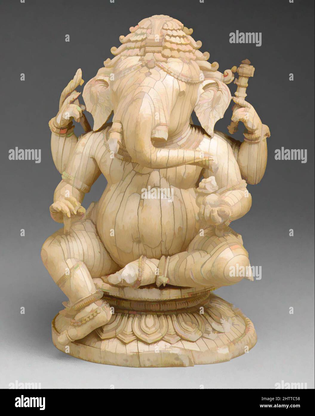 Arte ispirata da seduto Ganesha, 14th–15th secolo, India (Orissa), Avorio, H. 7 1/4 pollici. (18,4 cm), Sculpture, il dio indù di auspiciousness, Ganesha, è popolarmente accettato come il primo figlio di Shiva e Parvati. Come divinità che controlla gli ostacoli, la loro invenzione e la loro rimozione, Classic lavora modernizzato da Artotop con un tuffo di modernità. Forme, colore e valore, impatto visivo accattivante sulle emozioni artistiche attraverso la libertà delle opere d'arte in modo contemporaneo. Un messaggio senza tempo che persegue una nuova direzione selvaggiamente creativa. Artisti che si rivolgono al supporto digitale e creano l'NFT Artotop Foto Stock