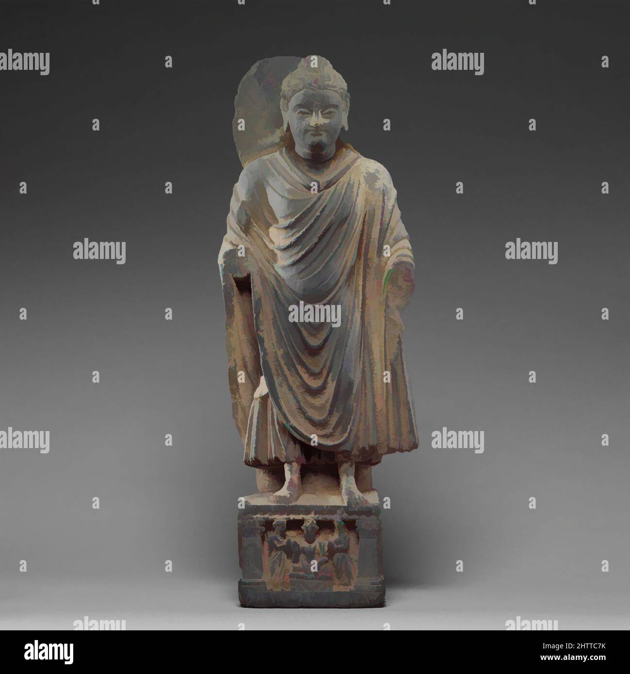 Arte ispirata da Buddha in piedi, ca. 3rd–4th secolo, Pakistan (antica regione di Gandhara), scista, H. 20 pollici (50,8 cm); W. 7 1/4" (18,4 cm); D. 4 1/16" (10,3 cm), scultura, tali immagini del Buddha sono state trovate in gran numero nei precetti sacri pubblici di Gandhara. Le opere classiche del Buddha modernizzate da Artotop con un tuffo di modernità. Forme, colore e valore, impatto visivo accattivante sulle emozioni artistiche attraverso la libertà delle opere d'arte in modo contemporaneo. Un messaggio senza tempo che persegue una nuova direzione selvaggiamente creativa. Artisti che si rivolgono al supporto digitale e creano l'NFT Artotop Foto Stock