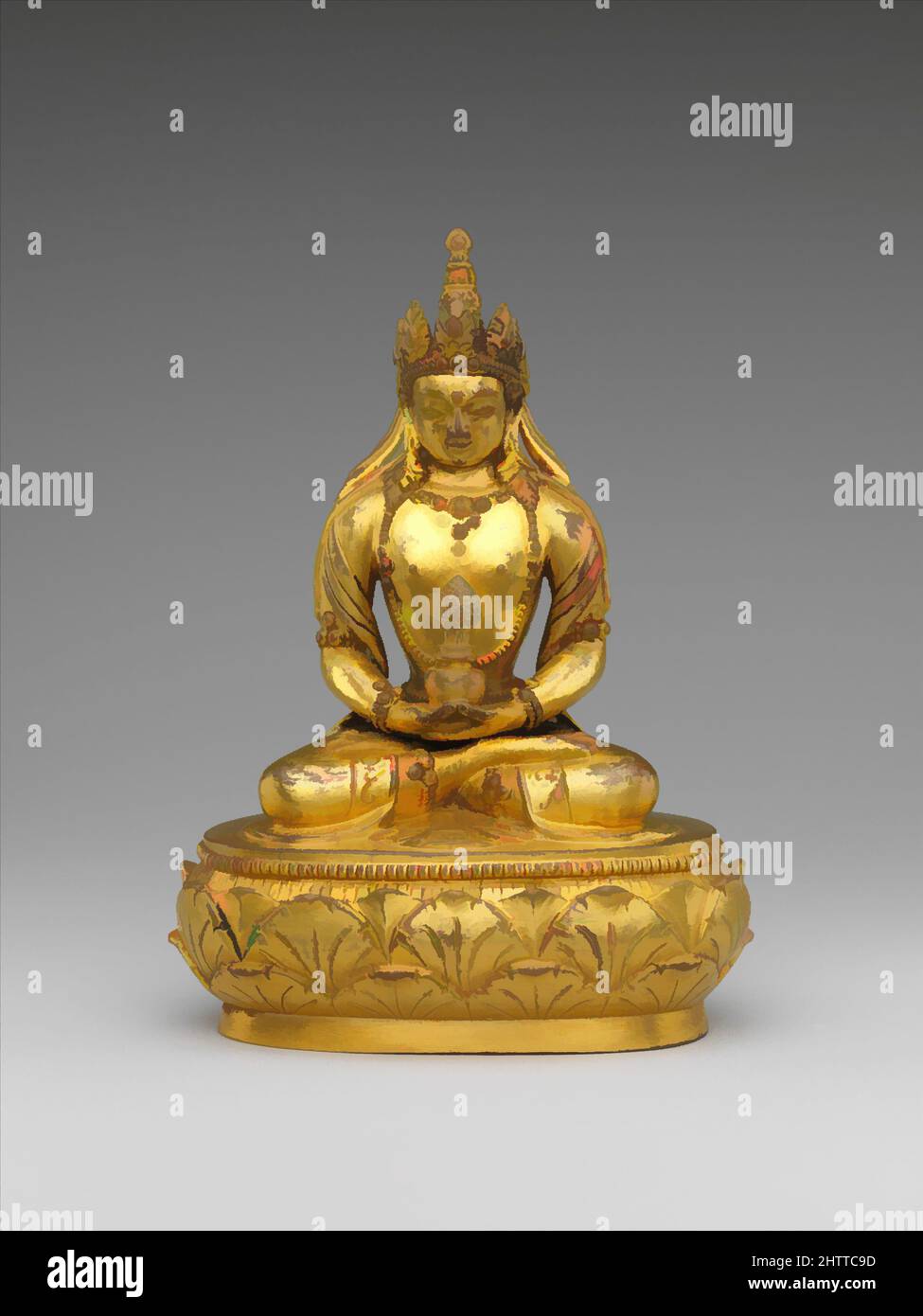Arte ispirata da Amitayus seduto, 17th–18th secolo, Mongolia, bronzo dorato, H. 4 5/8 poll. (11,7 cm); W. 3 3/8" (8,6 cm); D. 2" (5,1 cm), scultura, il Buddha Amitayus tiene un vaso che contiene l'elisir della vita; è accreditato di fornire ai devoti la salute e la longevità, opere classiche modernizzate da Artotop con un tuffo di modernità. Forme, colore e valore, impatto visivo accattivante sulle emozioni artistiche attraverso la libertà delle opere d'arte in modo contemporaneo. Un messaggio senza tempo che persegue una nuova direzione selvaggiamente creativa. Artisti che si rivolgono al supporto digitale e creano l'NFT Artotop Foto Stock
