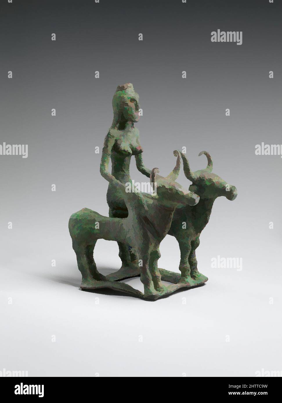 Arte ispirata da Woman Riding Two Brahman Bulls, tardo periodo Harrapan, 2000–1750 a.C., India (Kausambi), Bronzo, H. 5 1/2 poll. (14 cm); W. 3 1/2" (8,9 cm); D. 4 1/2" (11,4 cm), scultura, opere classiche modernizzate da Artotop con un tuffo di modernità. Forme, colore e valore, impatto visivo accattivante sulle emozioni artistiche attraverso la libertà delle opere d'arte in modo contemporaneo. Un messaggio senza tempo che persegue una nuova direzione selvaggiamente creativa. Artisti che si rivolgono al supporto digitale e creano l'NFT Artotop Foto Stock