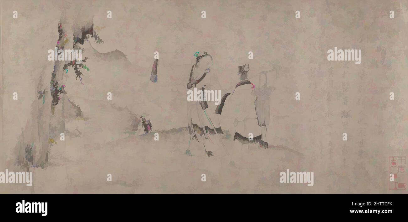 Arte ispirata da Liu Chen e Ruan Zhao che entrano nei Monti Tiantai, 元 趙蒼雲 劉晨阮肇入天台山圖 卷, dinastia Yuan (1271-1368), Cina, Handscroll; inchiostro su carta, Immagine: 8 7/8 pollici x 18 piedi 5 poll. (22,5 cm x 564 cm), dipinti, Zhao Cangyun (cinese, attivo da fine 13th a inizio 14th secolo), dipinti da a, opere classiche modernizzate da Artotop con un tuffo di modernità. Forme, colore e valore, impatto visivo accattivante sulle emozioni artistiche attraverso la libertà delle opere d'arte in modo contemporaneo. Un messaggio senza tempo che persegue una nuova direzione selvaggiamente creativa. Artisti che si rivolgono al supporto digitale e creano l'NFT Artotop Foto Stock