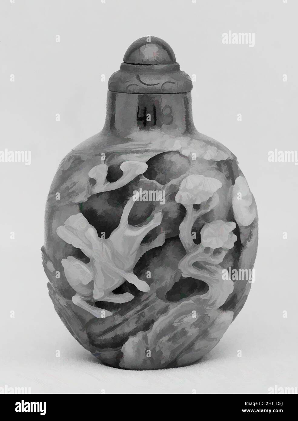 Arte ispirata a Snuff bottiglia con tappo, Cina, Nefrite, H. incl. Top 2 7/8 poll. (7,3 cm); H. senza parte superiore da 2 3/8" (6 cm); W. 1 7/8" (4,8 cm); D. 1 1/4" (3,2 cm), bottiglie Snuff, opere classiche modernizzate da Artotop con un tuffo di modernità. Forme, colore e valore, impatto visivo accattivante sulle emozioni artistiche attraverso la libertà delle opere d'arte in modo contemporaneo. Un messaggio senza tempo che persegue una nuova direzione selvaggiamente creativa. Artisti che si rivolgono al supporto digitale e creano l'NFT Artotop Foto Stock