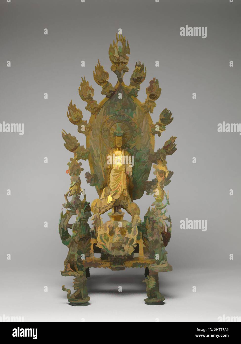 Arte ispirata da Buddha Maitreya (Mile), 北魏正光五年 青銅鎏金彌勒佛像, dinastia del Wei Settentrionale (386–534), datata 524, Cina, bronzo dorato, H. 30 1/4 (76,8 cm); W. 16 pollici (40,6 cm); D. 9 3/4" (24,8 cm), scultura, il fisico attenuato e pesante, abiti nascosti indossati dal Buddha al centro, opere classiche modernizzate da Artotop con un tuffo di modernità. Forme, colore e valore, impatto visivo accattivante sulle emozioni artistiche attraverso la libertà delle opere d'arte in modo contemporaneo. Un messaggio senza tempo che persegue una nuova direzione selvaggiamente creativa. Artisti che si rivolgono al supporto digitale e creano l'NFT Artotop Foto Stock