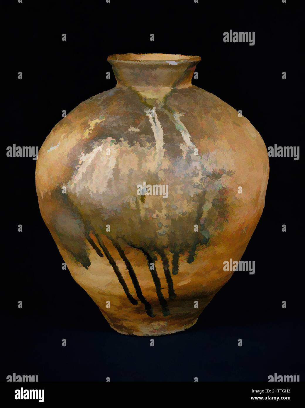 Arte ispirata a vasetto di conservazione, periodo Muromachi (1392–1573), 14th–15th secolo, Giappone, gres con smalto naturale di cenere (Shigaraki ware), H. 18 3/8 poll. (46,7 cm); Diam. 15 1/2 poll. (39,4 cm), Ceramics, questo vaso di stoccaggio medievale, con la sua superficie robusta e la forma massiccia, è stato costruito in, opere classiche modernizzate da Artotop con un tuffo di modernità. Forme, colore e valore, impatto visivo accattivante sulle emozioni artistiche attraverso la libertà delle opere d'arte in modo contemporaneo. Un messaggio senza tempo che persegue una nuova direzione selvaggiamente creativa. Artisti che si rivolgono al supporto digitale e creano l'NFT Artotop Foto Stock