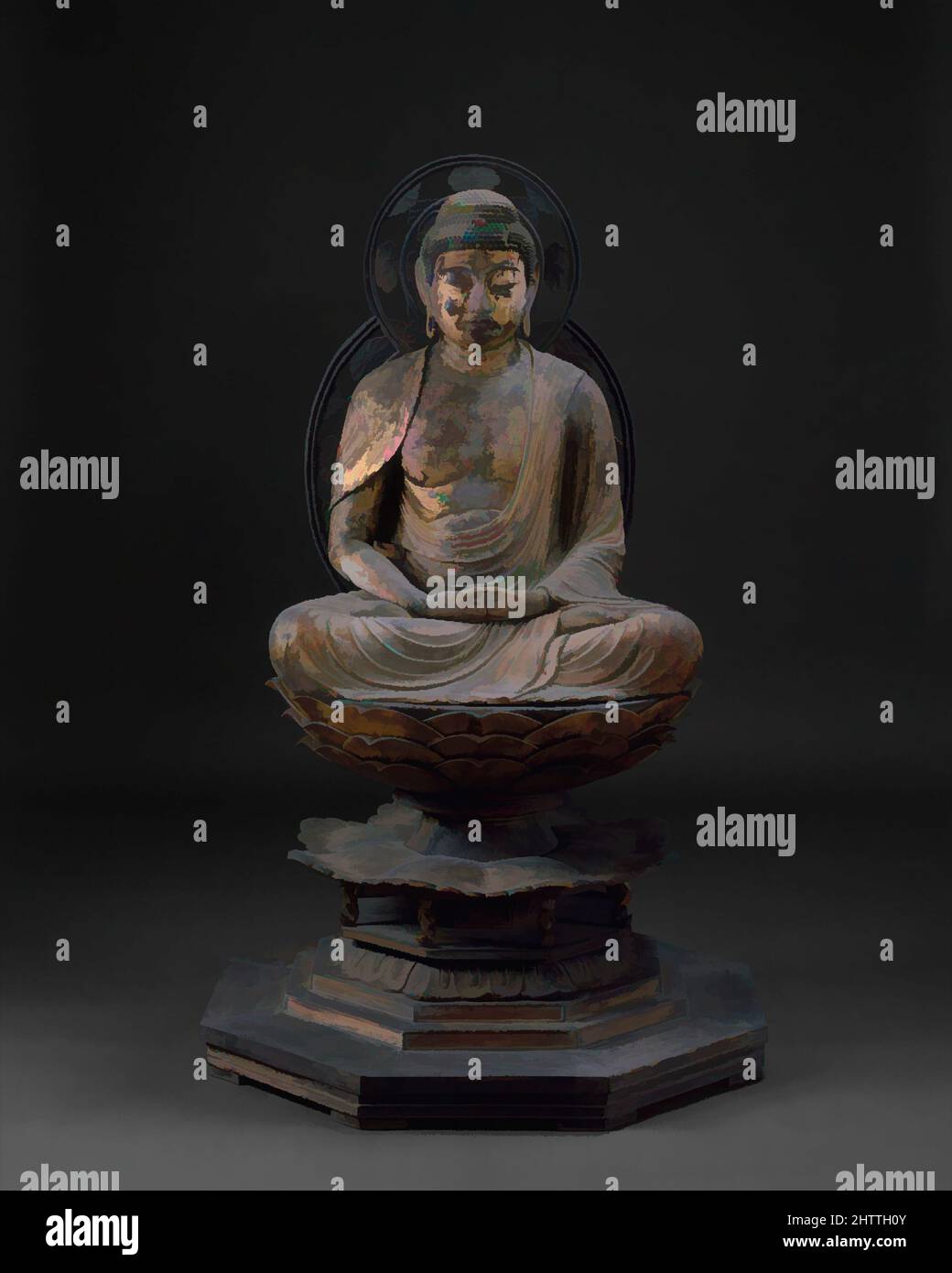 Arte ispirata da Amida Nyorai, 阿弥陀如来坐像, periodo Kamakura (1185-1333), ca. 1250, Giappone, legno con foglia d'oro, tuta: H. 34 5/8" (87,9 cm); W. 28 3/4" (73 cm); D. 22 3/4" (57,8 cm), scultura, Amida Nyorai (sanscrito: Amitabha Tathagata), il Buddha di luce illimitata, si siede su un, opere classiche modernizzate da Artotop con un tuffo di modernità. Forme, colore e valore, impatto visivo accattivante sulle emozioni artistiche attraverso la libertà delle opere d'arte in modo contemporaneo. Un messaggio senza tempo che persegue una nuova direzione selvaggiamente creativa. Artisti che si rivolgono al supporto digitale e creano l'NFT Artotop Foto Stock