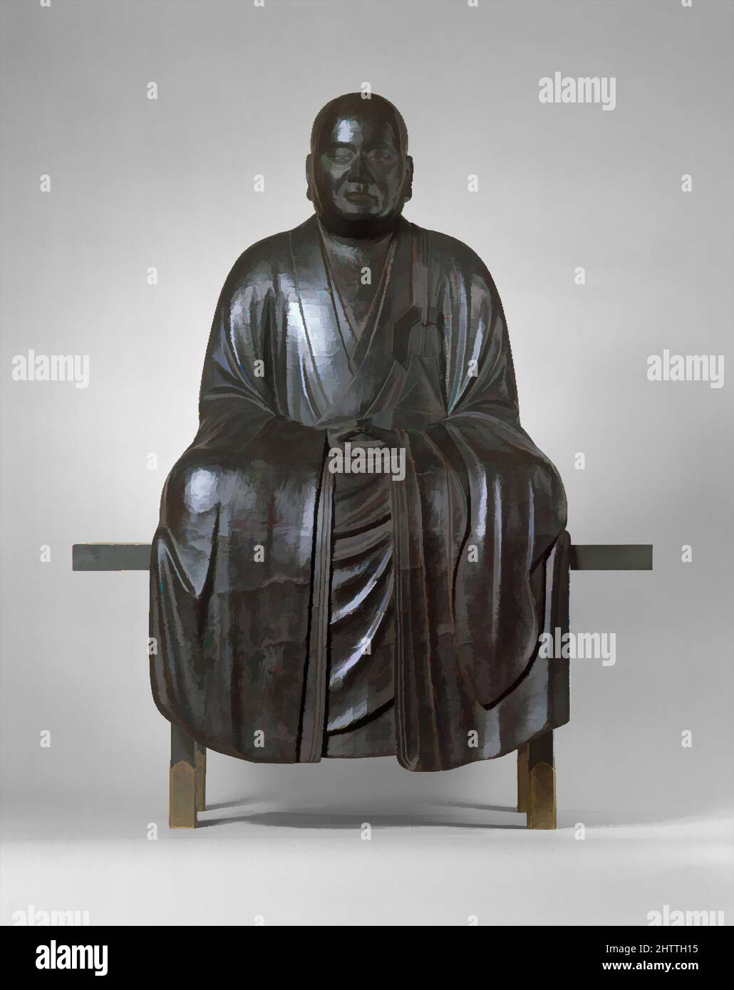 Arte ispirata dal Ritratto di un Maestro Zen, periodo Muromachi (1392–1573), 15th secolo, Giappone, Lacquer su legno con occhi di cristallo intarsiati, totale (figura): H. 37 3/8 (94,9 cm); W. 22 3/8 pollici (56,8 cm); D. 18 1/4" (46,4 cm), scultura, si realizza l'intensa presenza di un maestro Zen, opere classiche modernizzate da Artotop con un tuffo di modernità. Forme, colore e valore, impatto visivo accattivante sulle emozioni artistiche attraverso la libertà delle opere d'arte in modo contemporaneo. Un messaggio senza tempo che persegue una nuova direzione selvaggiamente creativa. Artisti che si rivolgono al supporto digitale e creano l'NFT Artotop Foto Stock