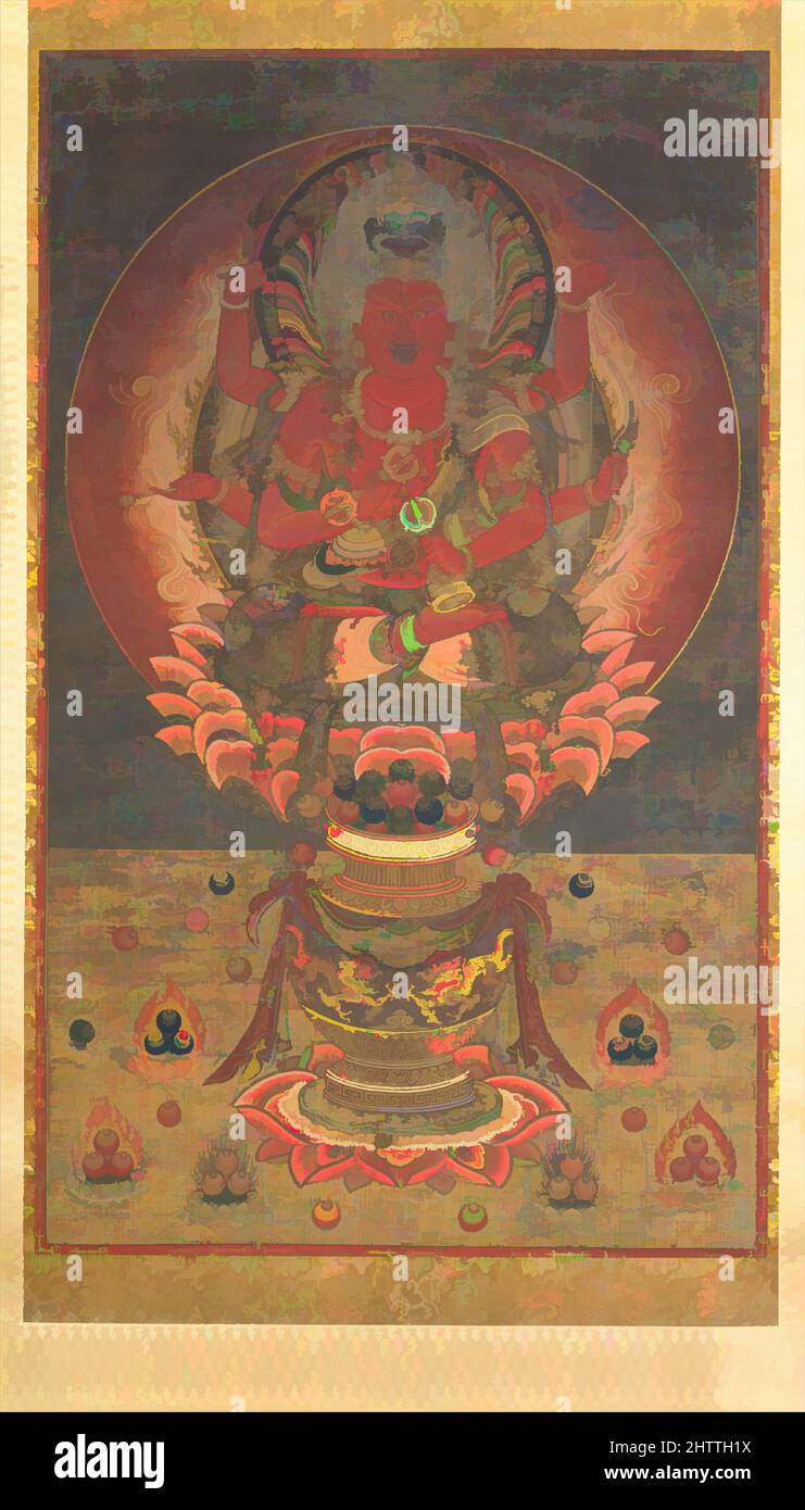 Arte ispirata da 愛染明王像, Aizen Myōō, periodo Nanbokuchō (1336-92), 14th secolo, Giappone, Rotolo sospeso; inchiostro, colore, oro e foglia d'oro tagliata su seta, 53 5/16 x 32 7/16 pollici (135,4 x 82,4 cm), dipinti, il corpo rosso sangue e l'alone fiammeggiante di Aizen Myōō, il Re della Sapienza della Passione, simboleggiano, opere classiche modernizzate da Artotop con un tuffo di modernità. Forme, colore e valore, impatto visivo accattivante sulle emozioni artistiche attraverso la libertà delle opere d'arte in modo contemporaneo. Un messaggio senza tempo che persegue una nuova direzione selvaggiamente creativa. Artisti che si rivolgono al supporto digitale e creano l'NFT Artotop Foto Stock