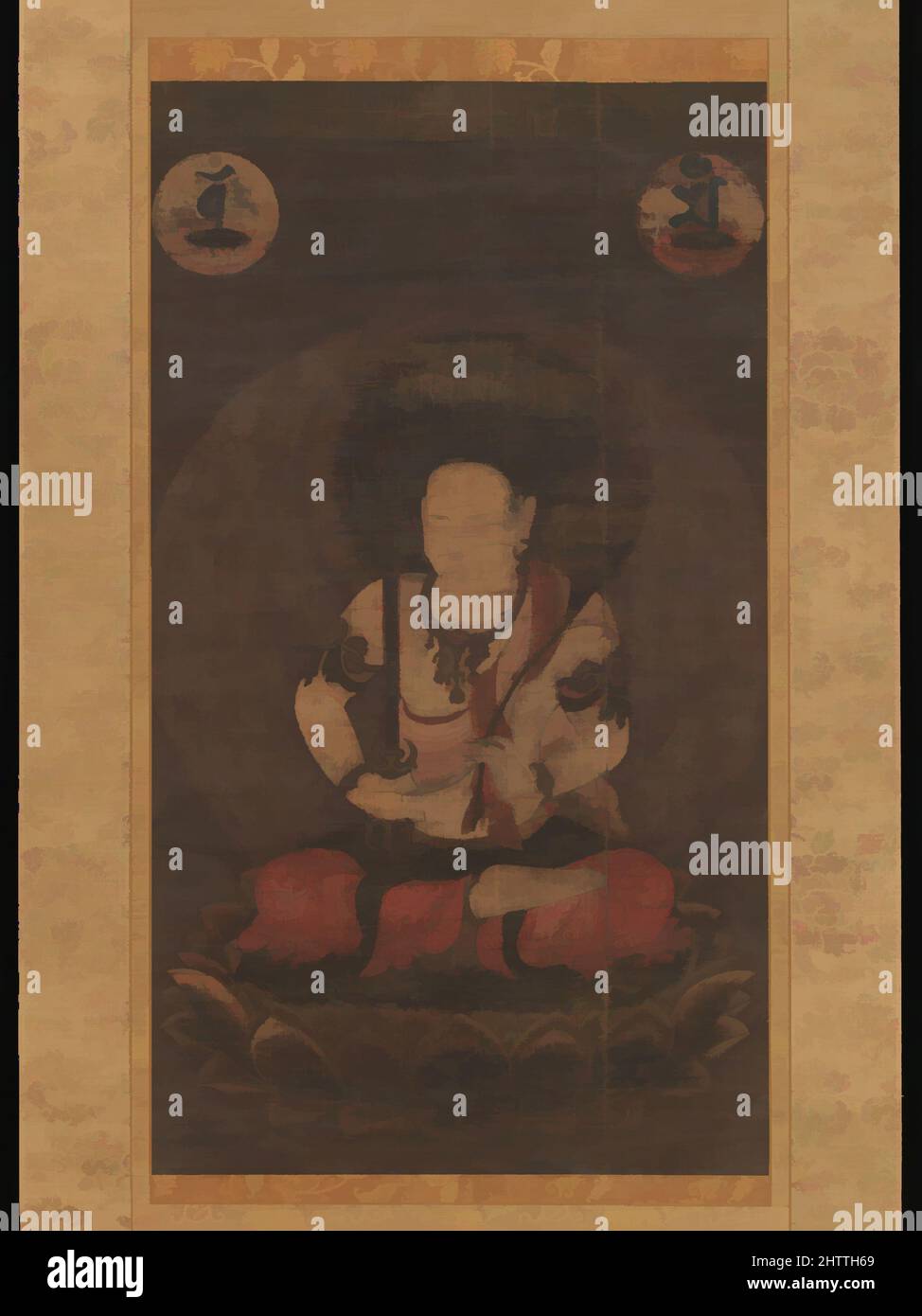 Arte ispirata al Bodhisattva Manjushri (Monju Bosatsu), 文殊菩薩像, periodo Kamakura (1185–1333), 13th secolo, Giappone, Rotolo sospeso; inchiostro e colore su seta, 36 3/4 x 20 3/4 pollici (93,4 x 52,7 cm), dipinti, la bodhisattva Manjushri conserva i suoi attributi identificativi, spada e sutra, e opere classiche modernizzate da Artotop con un tuffo di modernità. Forme, colore e valore, impatto visivo accattivante sulle emozioni artistiche attraverso la libertà delle opere d'arte in modo contemporaneo. Un messaggio senza tempo che persegue una nuova direzione selvaggiamente creativa. Artisti che si rivolgono al supporto digitale e creano l'NFT Artotop Foto Stock