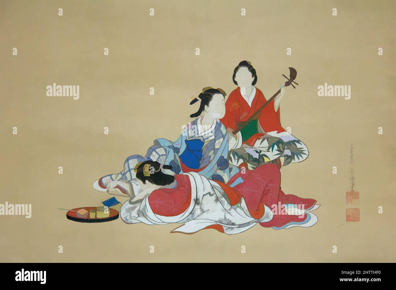 Arte ispirata a tre bellezze, periodo Edo (1615-1868), 18th secolo, Giappone, Hanging scroll; Inchiostro e colore su carta, immagine: 14 1/4" x 21 poll. (36,2 x 53,3 cm), dipinti, Nishikawa Sukenobu (giapponese, 1671–1750, opere classiche modernizzate da Artotop con un tuffo di modernità. Forme, colore e valore, impatto visivo accattivante sulle emozioni artistiche attraverso la libertà delle opere d'arte in modo contemporaneo. Un messaggio senza tempo che persegue una nuova direzione selvaggiamente creativa. Artisti che si rivolgono al supporto digitale e creano l'NFT Artotop Foto Stock