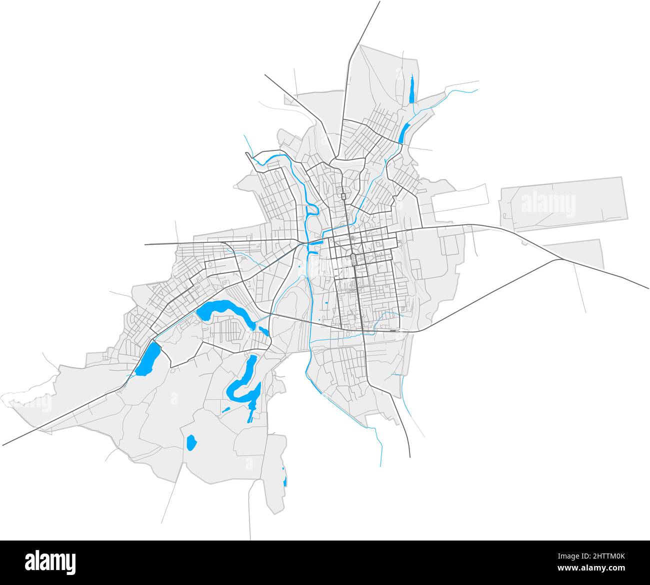 Oleksandriia, Kirovohrad Oblast, Ucraina mappa vettoriale ad alta risoluzione con confini della città e percorsi delineati. Contorni aggiuntivi bianchi per le strade principali. Illustrazione Vettoriale