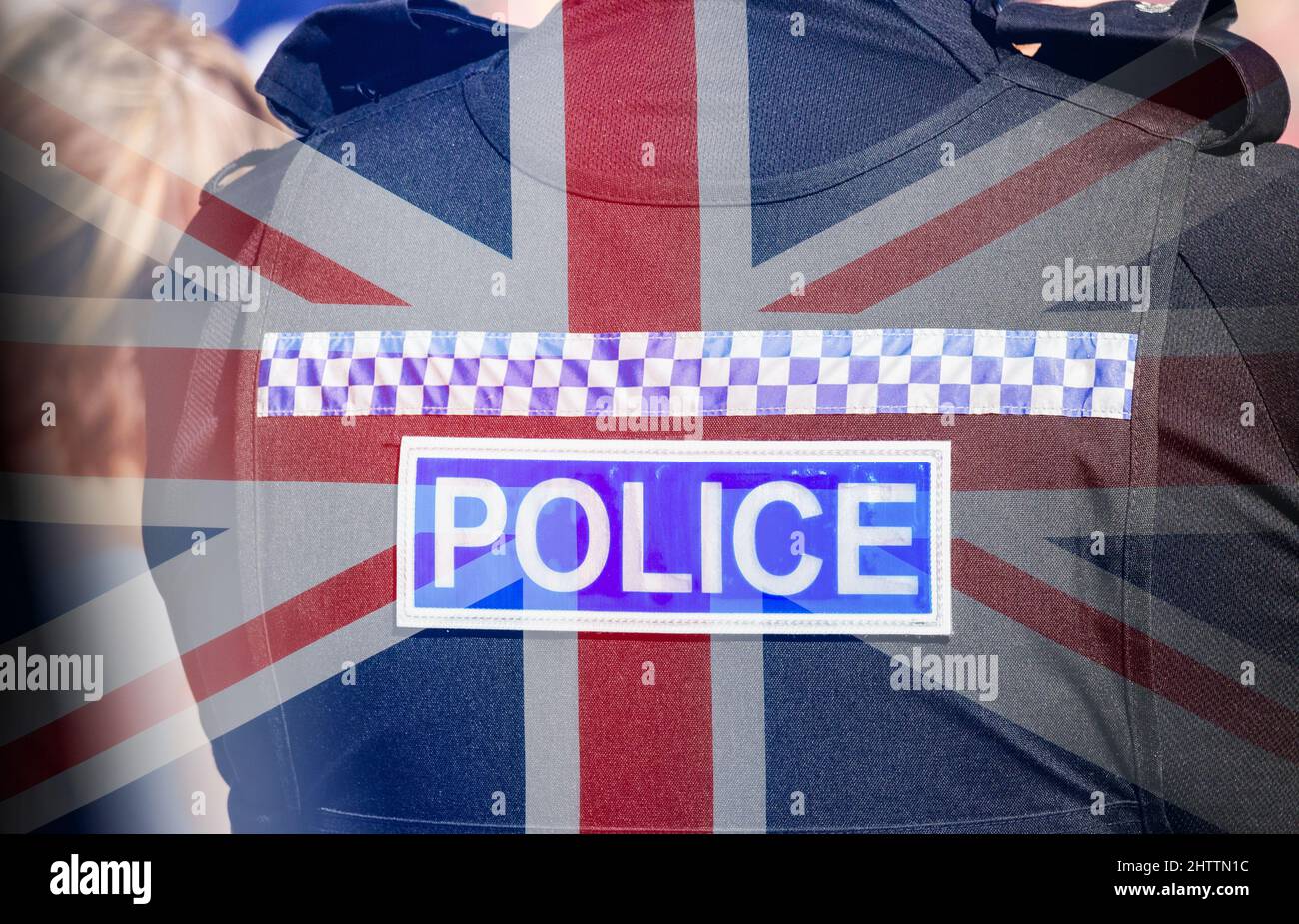 Immagine composita della bandiera britannica/ufficiale di polizia del Regno Unito. Foto Stock