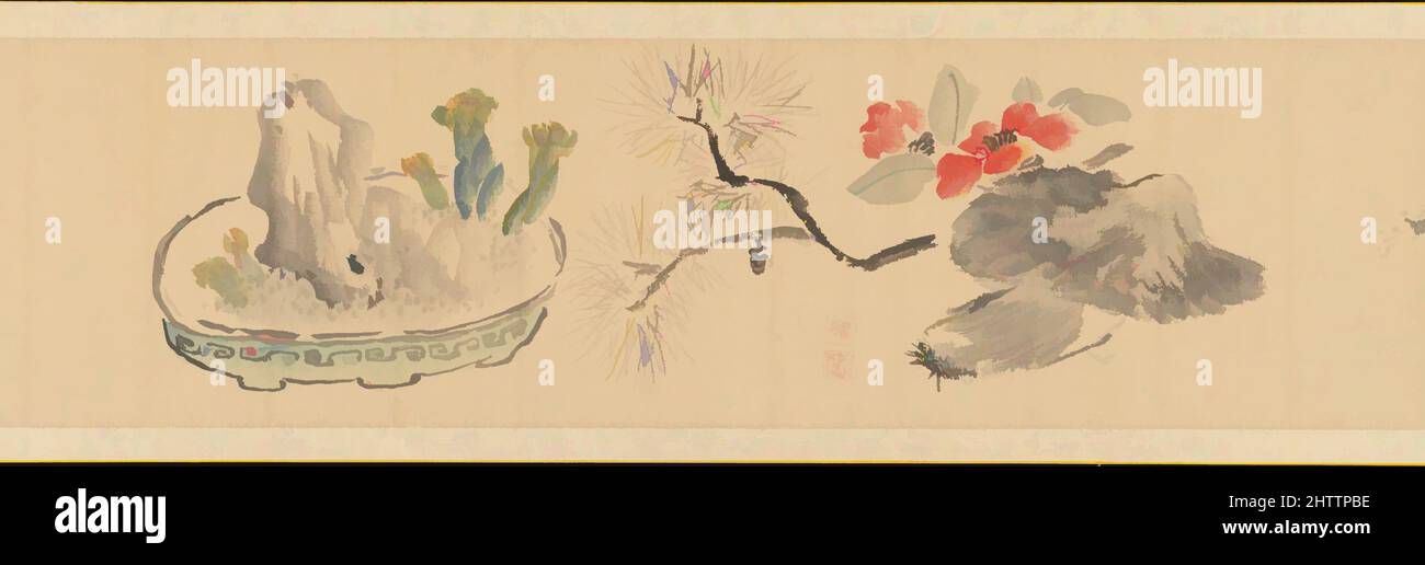 Arte ispirata ai fiori, periodo Edo (1615-1868), 1831, Giappone, Handscroll; inchiostro e colore su carta, 6 3/4" x 12 piedi 7 5/16 poll. (17,2 x 384,3 cm), dipinti, Okada Hankō (giapponese, 1782–1846), Hankō, Figlio di Okada Beisanjin (1744-1820), cresciuto nel circolo letterato che raccoglieva, opere classiche modernizzate da Artotop con un tuffo di modernità. Forme, colore e valore, impatto visivo accattivante sulle emozioni artistiche attraverso la libertà delle opere d'arte in modo contemporaneo. Un messaggio senza tempo che persegue una nuova direzione selvaggiamente creativa. Artisti che si rivolgono al supporto digitale e creano l'NFT Artotop Foto Stock