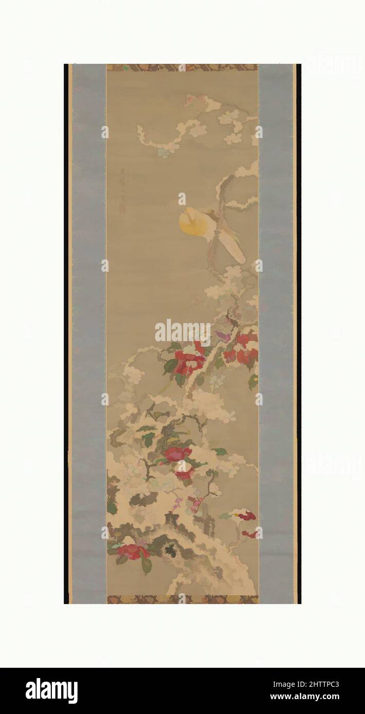 Arte ispirata da Bird Among Camellias in Snow, Edo Period (1615–1868), Japan, Hanging scroll; inchiostro e colore su seta, immagine: 39 1/16 x 11 3/16 pollici. (99,2 x 28,4 cm), dipinti, Sō Shiseki (giapponese, 1715–1786), Sō Shiseki, Nato a Edo (oggi Tokyo), è andato alla città portuale di Nagasaki, opere classiche modernizzate da Artotop con un tuffo di modernità. Forme, colore e valore, impatto visivo accattivante sulle emozioni artistiche attraverso la libertà delle opere d'arte in modo contemporaneo. Un messaggio senza tempo che persegue una nuova direzione selvaggiamente creativa. Artisti che si rivolgono al supporto digitale e creano l'NFT Artotop Foto Stock Arte ispirata da Bird Among Camellias in Snow, Edo Period (1615–1868), Japan, Hanging scroll; inchiostro e colore su seta, immagine: 39 1/16 x 11 3/16 pollici. (99,2 x 28,4 cm), dipinti, Sō Shiseki (giapponese, 1715–1786), Sō Shiseki, Nato a Edo (oggi Tokyo), è andato alla città portuale di Nagasaki, opere classiche modernizzate da Artotop con un tuffo di modernità. Forme, colore e valore, impatto visivo accattivante sulle emozioni artistiche attraverso la libertà delle opere d'arte in modo contemporaneo. Un messaggio senza tempo che persegue una nuova direzione selvaggiamente creativa. Artisti che si rivolgono al supporto digitale e creano l'NFT Artotop Foto Stock