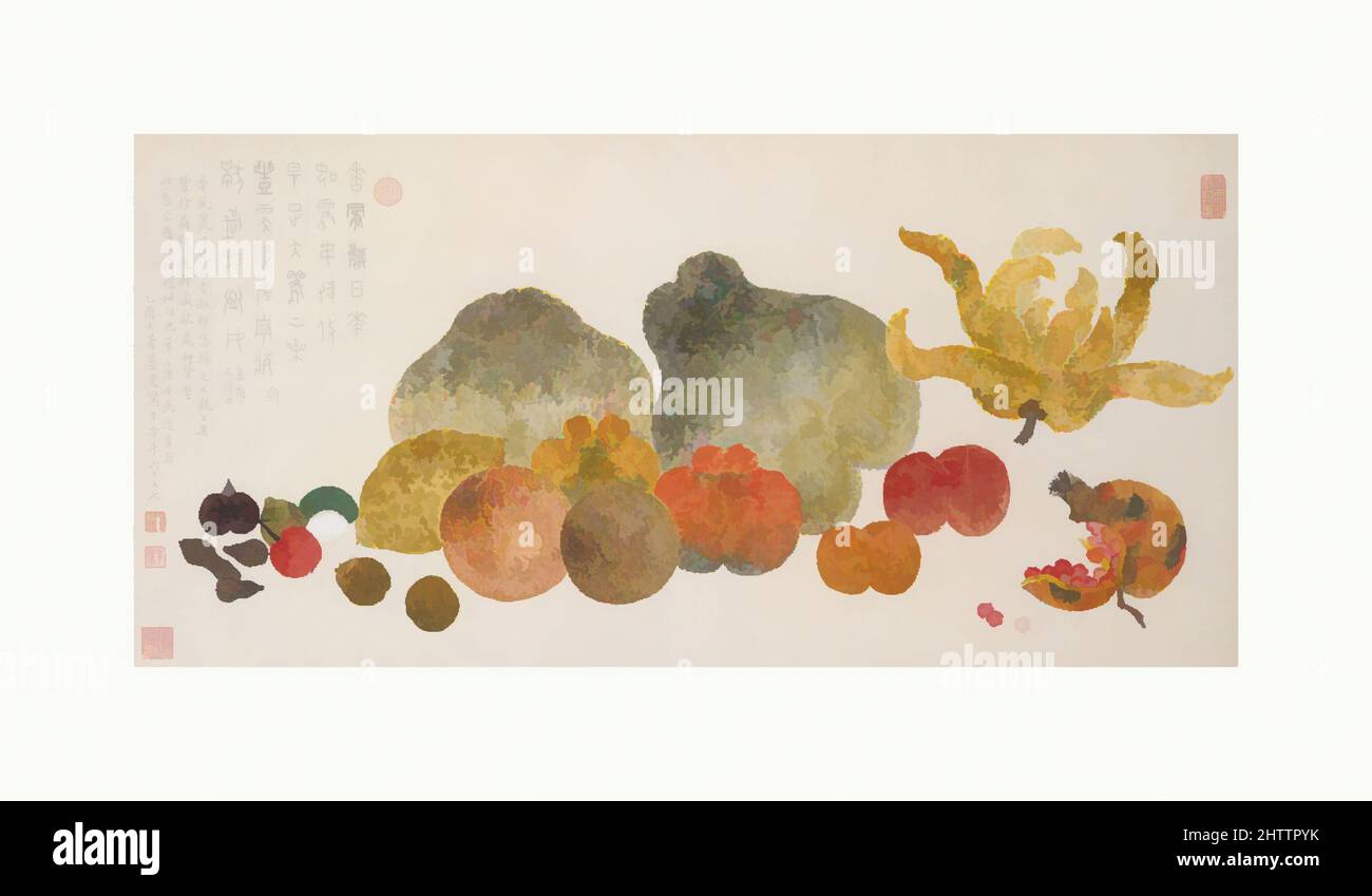 Arte ispirata da 近代, 丁輔之, 雜果圖, 冊頁, frutta, Datato 1945, Cina, foglio dell'album; inchiostro e colore su carta, 12 1/8 x 25 1/8 pollici (30,8 x 63,8 cm), dipinti, Ding Fuzhi (cinese, 1879–1946), con la scoperta di oracolo-ossa script alla fine del ventesimo secolo, la pittura è stata stimolata da, opere classiche modernizzate da Artotop con un tuffo di modernità. Forme, colore e valore, impatto visivo accattivante sulle emozioni artistiche attraverso la libertà delle opere d'arte in modo contemporaneo. Un messaggio senza tempo che persegue una nuova direzione selvaggiamente creativa. Artisti che si rivolgono al supporto digitale e creano l'NFT Artotop Foto Stock