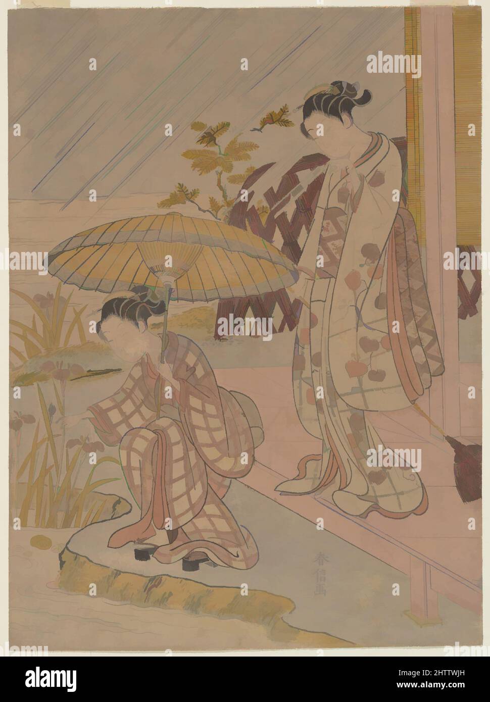 Arte ispirata alla visione di Iris in the Rain, Edo Period (1615–1868), 1764–70, Giappone, stampa a blocchi di legno policromi; Inchiostro e colore su carta, H. 10 3/4 pollici (27,3 cm); W. 7 13/16" (19,8 cm), stampe, Suzuki Harunobu (giapponese, 1725–1770), Irises fioriscono nel quinto mese dell'anno, durante, opere classiche modernizzate da Artotop con un tuffo di modernità. Forme, colore e valore, impatto visivo accattivante sulle emozioni artistiche attraverso la libertà delle opere d'arte in modo contemporaneo. Un messaggio senza tempo che persegue una nuova direzione selvaggiamente creativa. Artisti che si rivolgono al supporto digitale e creano l'NFT Artotop Foto Stock