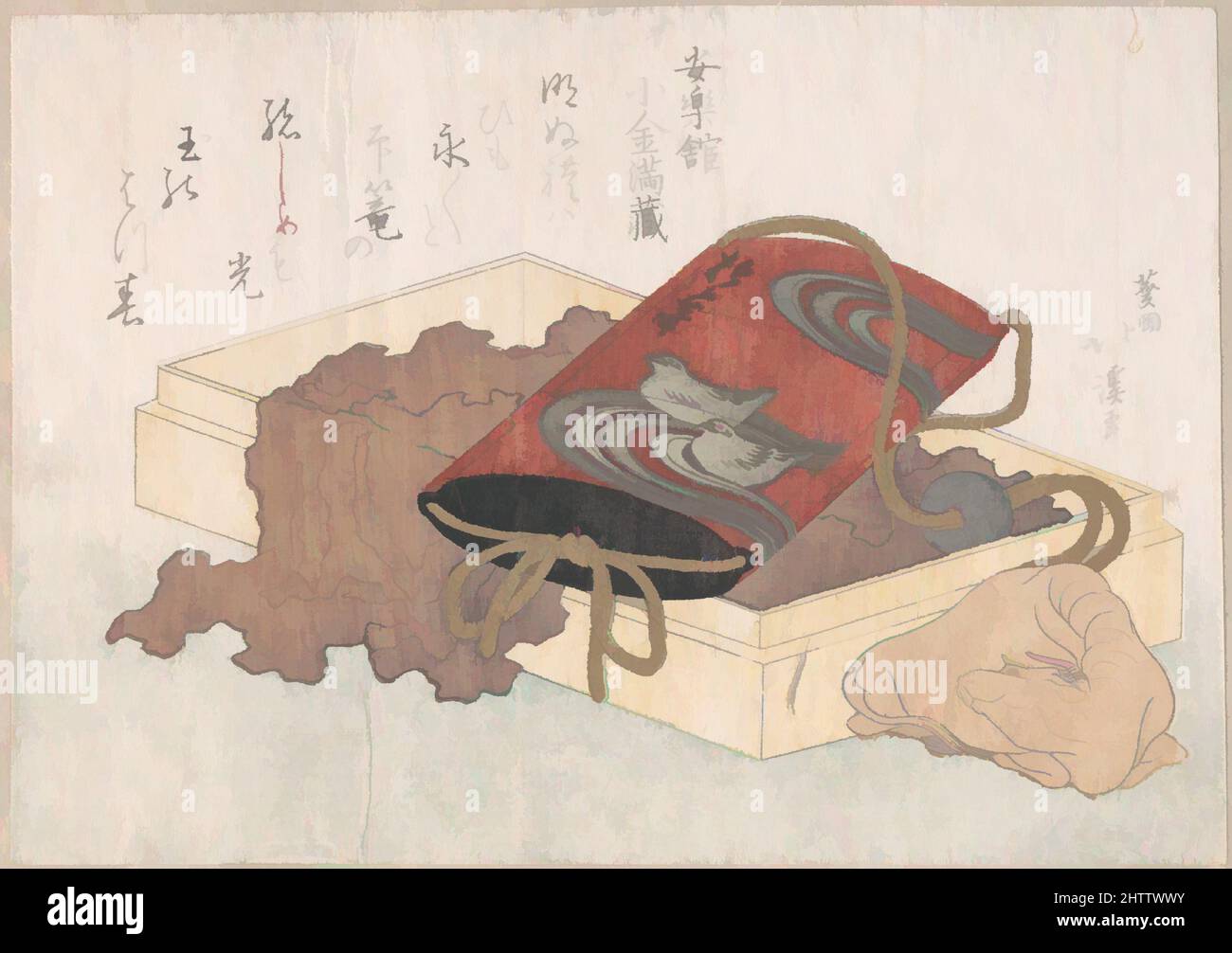 Art Inspired by 印籠と牛根付, Edo period (1615–1868), probabilmente 1817, Giappone, parte di un album di stampe a blocchi di legno (surimono); inchiostro e colore su carta, 5 1/4 x 7 3/8 pollici (13,3 x 18,7 cm), Prints, Totoya Hokkei (giapponese, 1780–1850), Surimono sono stampe a blocchi di legno pubblicate privatamente, di solito, opere classiche modernizzate da Artotop con un tuffo di modernità. Forme, colore e valore, impatto visivo accattivante sulle emozioni artistiche attraverso la libertà delle opere d'arte in modo contemporaneo. Un messaggio senza tempo che persegue una nuova direzione selvaggiamente creativa. Artisti che si rivolgono al supporto digitale e creano l'NFT Artotop Foto Stock