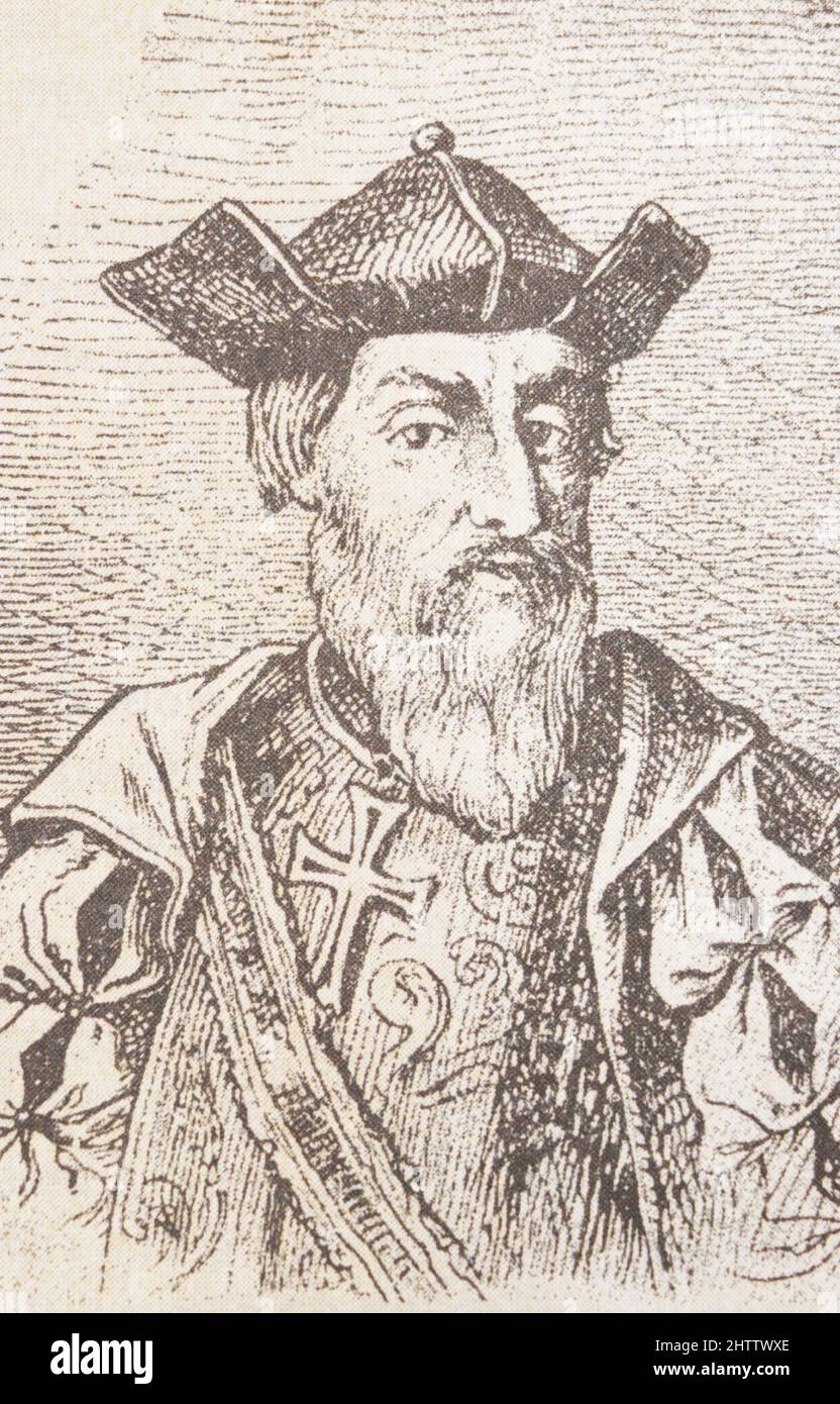 Vasco da Gama. Incisione medievale. Foto Stock