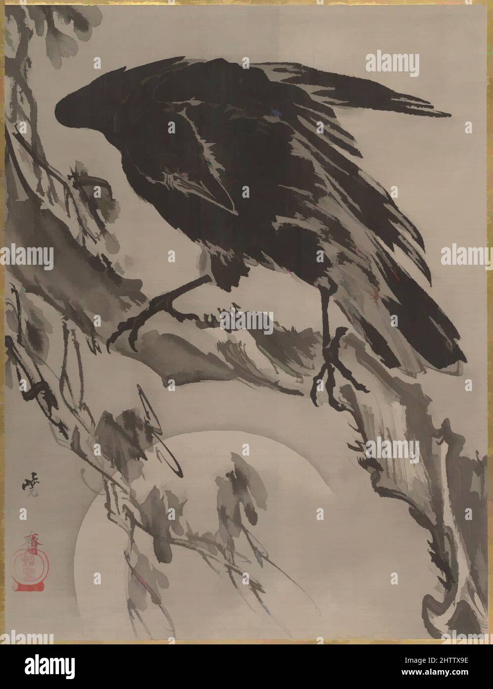 Arte ispirata a Crow and the Moon, 月に鴉図, periodo Meiji (1868–1912), ca. 1887, Giappone, copertina album; inchiostro e colore su seta, 14 1/4 x 10 7/8 pollici (36,2 x 27,6 cm), dipinti, Kawanabe Kyōsai (giapponese, 1831–1889, opere classiche modernizzate da Artotop con un tuffo di modernità. Forme, colore e valore, impatto visivo accattivante sulle emozioni artistiche attraverso la libertà delle opere d'arte in modo contemporaneo. Un messaggio senza tempo che persegue una nuova direzione selvaggiamente creativa. Artisti che si rivolgono al supporto digitale e creano l'NFT Artotop Foto Stock