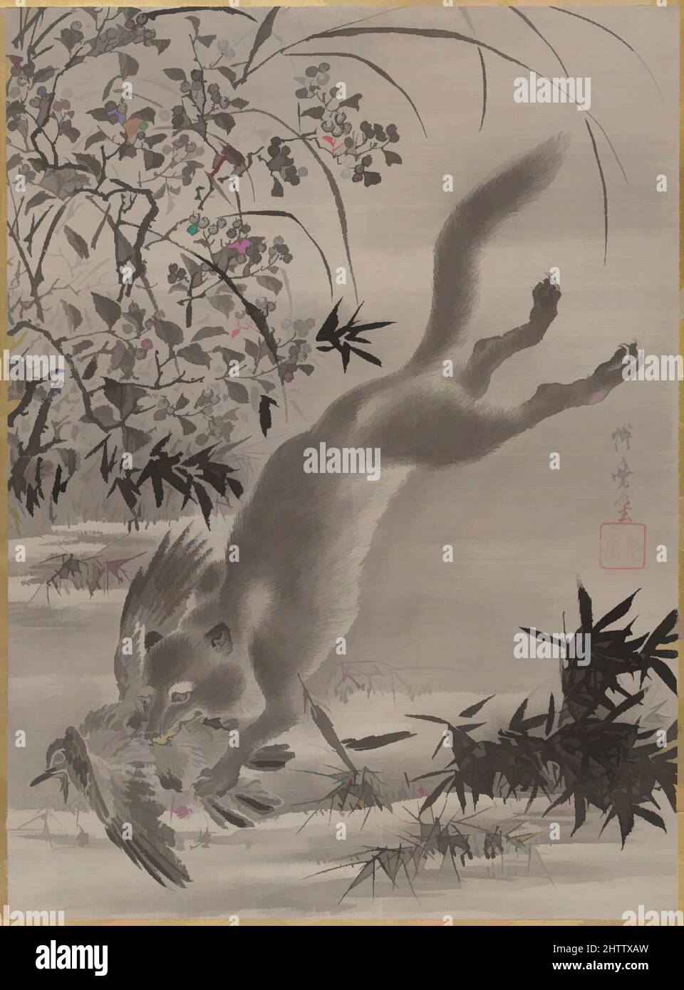 Arte ispirata a Fox Catching Bird, periodo Meiji (1868-1912), ca. 1887, Giappone, copertina album; inchiostro e colore su seta, 14 1/2 x 10 1/2 pollici (36,8 x 26,7 cm), dipinti, Kawanabe Kyōsai (giapponese, 1831–1889, opere classiche modernizzate da Artotop con un tuffo di modernità. Forme, colore e valore, impatto visivo accattivante sulle emozioni artistiche attraverso la libertà delle opere d'arte in modo contemporaneo. Un messaggio senza tempo che persegue una nuova direzione selvaggiamente creativa. Artisti che si rivolgono al supporto digitale e creano l'NFT Artotop Foto Stock