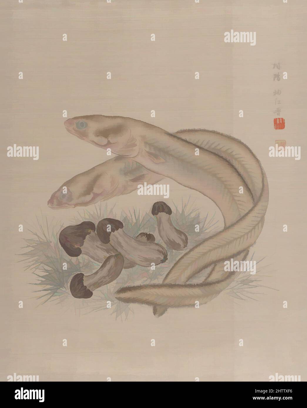 Arte ispirata a Eels, periodo Meiji (1868-1912), ca. 1890–92, Giappone, copertina album; seta, 13 1/2 x 10 7/8 pollici (34,3 x 27,6 cm), dipinti, Seki Shūkō (giapponese, 1858–1915, opere classiche modernizzate da Artotop con un tuffo di modernità. Forme, colore e valore, impatto visivo accattivante sulle emozioni artistiche attraverso la libertà delle opere d'arte in modo contemporaneo. Un messaggio senza tempo che persegue una nuova direzione selvaggiamente creativa. Artisti che si rivolgono al supporto digitale e creano l'NFT Artotop Foto Stock