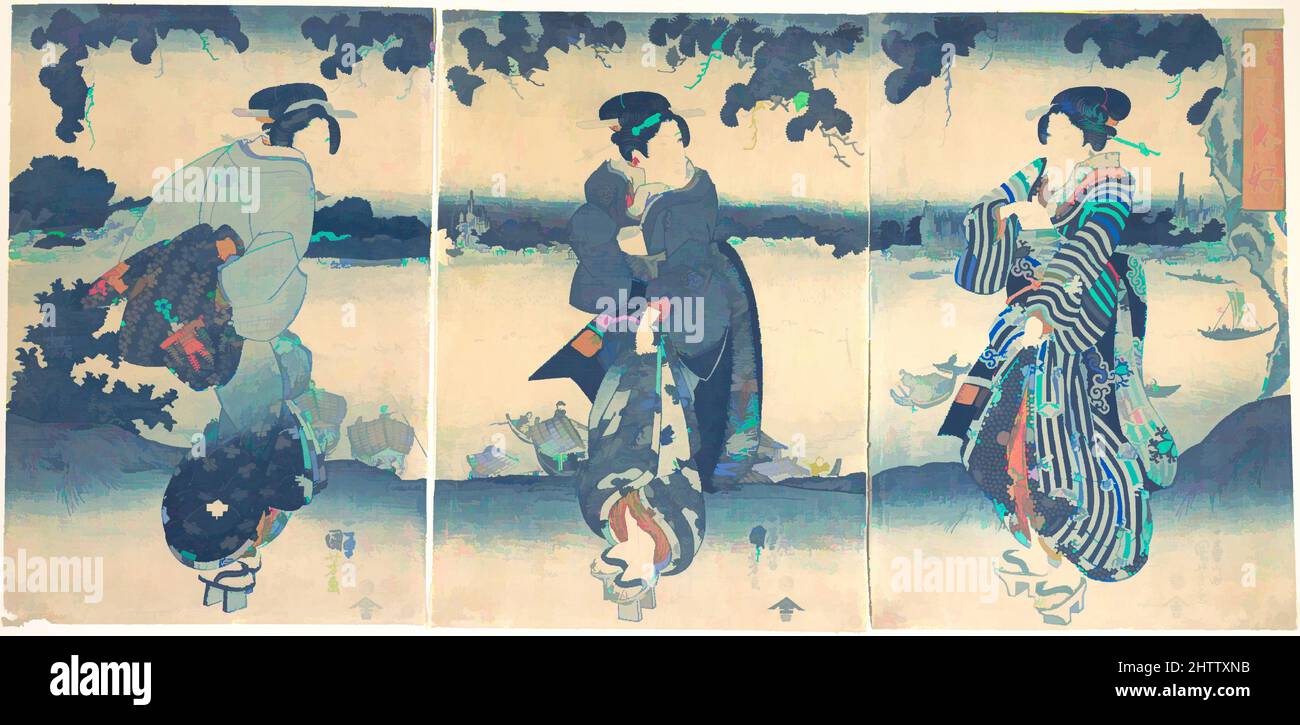 Arte ispirata da donne vicino a un fiume, periodo Edo (1615-1868), ca. 1850, Giappone, trittico di stampe policrome a blocchi di legno; inchiostro, argento e colore su carta, a) H. 14 7/8 pollici (37,8 cm); W. 10 1/8" (25,7 cm), Prints, Utagawa Kuniyoshi (giapponese, 1797–1861), nel 1840s e 50s Kuniyoshi, opere classiche modernizzate da Artotop con un tuffo di modernità. Forme, colore e valore, impatto visivo accattivante sulle emozioni artistiche attraverso la libertà delle opere d'arte in modo contemporaneo. Un messaggio senza tempo che persegue una nuova direzione selvaggiamente creativa. Artisti che si rivolgono al supporto digitale e creano l'NFT Artotop Foto Stock