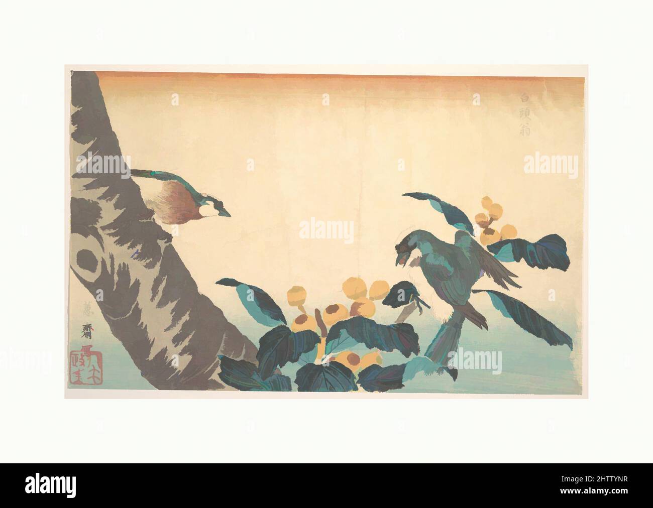 Arte ispirata da uccelli e fiori, periodo Edo (1615–1868), Giappone, stampa in blocchi di legno policromi; inchiostro e colore su carta, H. 14 3/16" (36 cm); W. 8 13/16" (22,4 cm), Prints, Keisai Eisen (giapponese, 1790–1848, opere classiche modernizzate da Artotop con un tuffo di modernità. Forme, colore e valore, impatto visivo accattivante sulle emozioni artistiche attraverso la libertà delle opere d'arte in modo contemporaneo. Un messaggio senza tempo che persegue una nuova direzione selvaggiamente creativa. Artisti che si rivolgono al supporto digitale e creano l'NFT Artotop Foto Stock