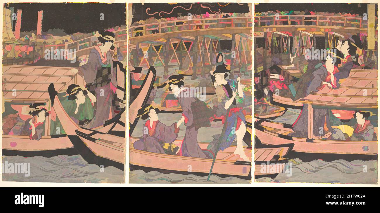 Arte ispirata a Cooling Off a Ryogoku a Edo, Edo Period (1615–1868), Giappone, Trittico di stampe policrome a blocchi di legno; inchiostro e colore su carta, 11 5/8 x 16 5/8 pollici (29,5 x 42,2 cm), stampe, Kikugawa Eizan (giapponese, 1787–1867, opere classiche modernizzate da Artotop con un tuffo di modernità. Forme, colore e valore, impatto visivo accattivante sulle emozioni artistiche attraverso la libertà delle opere d'arte in modo contemporaneo. Un messaggio senza tempo che persegue una nuova direzione selvaggiamente creativa. Artisti che si rivolgono al supporto digitale e creano l'NFT Artotop Foto Stock