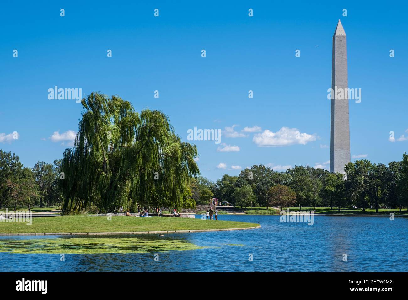 Washington, DC. National Mall, Constitution Gardens, Small Pond, con Washington Monument sullo sfondo. Foto Stock