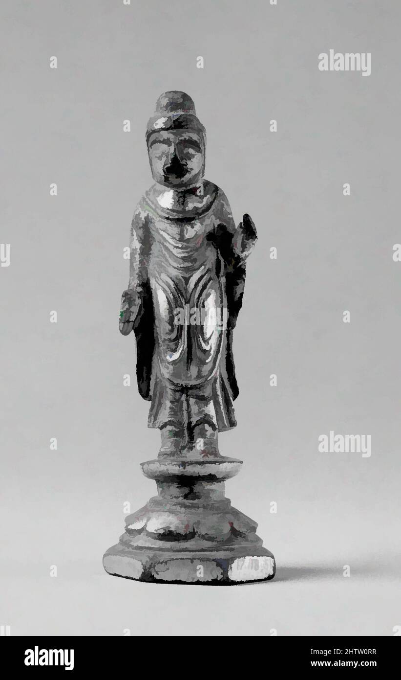 Arte ispirata da Buddha su Stand, Regno di Silla (57 a.C.-d.C. 676), ca. 7th secolo, Corea, bronzo dorato, H. 4 poll. (10,2 cm), scultura, opere classiche modernizzate da Artotop con un tuffo di modernità. Forme, colore e valore, impatto visivo accattivante sulle emozioni artistiche attraverso la libertà delle opere d'arte in modo contemporaneo. Un messaggio senza tempo che persegue una nuova direzione selvaggiamente creativa. Artisti che si rivolgono al supporto digitale e creano l'NFT Artotop Foto Stock