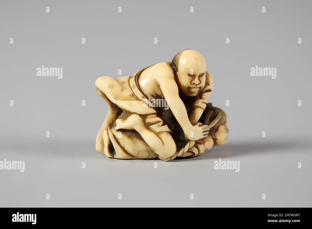 Arte ispirata da Netsuke di due Wrestlers, 19th secolo, Giappone, Ivory, H. 1 5/8 in. (4,1 cm); W. 1 5/8" (4,1 cm), Netsuke, opere classiche modernizzate da Artotop con un tuffo di modernità. Forme, colore e valore, impatto visivo accattivante sulle emozioni artistiche attraverso la libertà delle opere d'arte in modo contemporaneo. Un messaggio senza tempo che persegue una nuova direzione selvaggiamente creativa. Artisti che si rivolgono al supporto digitale e creano l'NFT Artotop Foto Stock