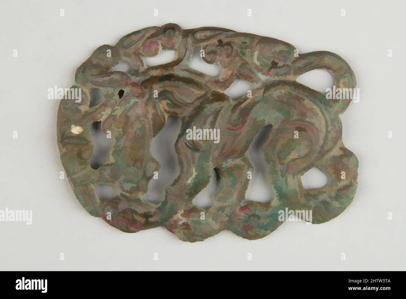 Arte ispirata alla fibbia della cintura a forma di lupo, cultura Xiongnu, 3rd–2nd secolo a.C., Cina settentrionale, Bronzo, H. 3 1/4 poll. (8,3 cm); W. 4 1/2" (11,4 cm), lavorazione del metallo, opere classiche modernizzate da Artotop con un tuffo di modernità. Forme, colore e valore, impatto visivo accattivante sulle emozioni artistiche attraverso la libertà delle opere d'arte in modo contemporaneo. Un messaggio senza tempo che persegue una nuova direzione selvaggiamente creativa. Artisti che si rivolgono al supporto digitale e creano l'NFT Artotop Foto Stock