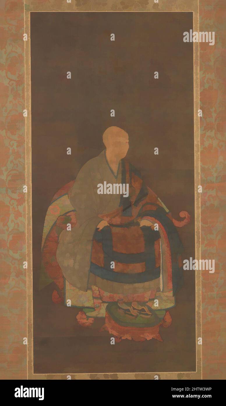Arte ispirata dal Ritratto di Shun'oku Myōha (1311–1388), 春屋妙葩像 自賛, periodo Nanbokuchō (1336–92), ca. 1383, Giappone, Hanging scroll; inchiostro, colore, E oro su seta, immagine: 45 5/8 x 20 1/2 pollici (115,9 x 52,1 cm), dipinti, artista giapponese non identificato, questo ritratto raffigura il sacerdote Zen Shun, opere classiche modernizzate da Artotop con un tuffo di modernità. Forme, colore e valore, impatto visivo accattivante sulle emozioni artistiche attraverso la libertà delle opere d'arte in modo contemporaneo. Un messaggio senza tempo che persegue una nuova direzione selvaggiamente creativa. Artisti che si rivolgono al supporto digitale e creano l'NFT Artotop Foto Stock