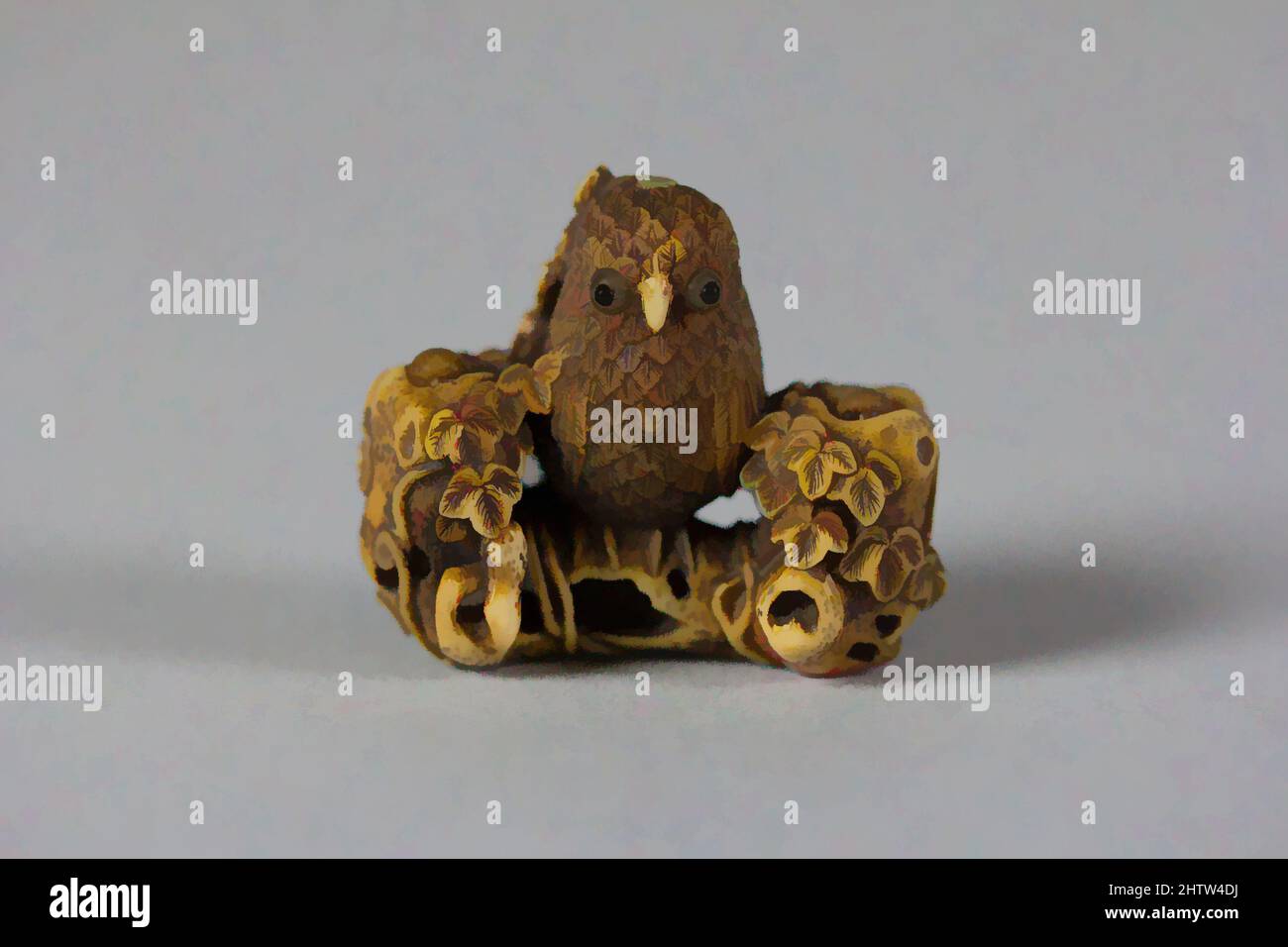 Arte ispirata da Netsuke of Owl e due Owlets, 18th–19th secolo, Giappone, Avorio, Netsuke, Opere classiche modernizzate da Artotop con un tocco di modernità. Forme, colore e valore, impatto visivo accattivante sulle emozioni artistiche attraverso la libertà delle opere d'arte in modo contemporaneo. Un messaggio senza tempo che persegue una nuova direzione selvaggiamente creativa. Artisti che si rivolgono al supporto digitale e creano l'NFT Artotop Foto Stock