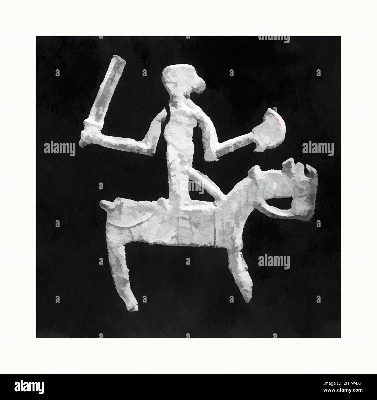 Arte ispirata da targa in forma di un cavallo e Rider, sei dinastie (220–589), Cina, piombo, H. 1 7/8 pollici. (4,8 cm); W. 1 5/8" (4,1 cm), lavorazione del metallo, opere classiche modernizzate da Artotop con un tuffo di modernità. Forme, colore e valore, impatto visivo accattivante sulle emozioni artistiche attraverso la libertà delle opere d'arte in modo contemporaneo. Un messaggio senza tempo che persegue una nuova direzione selvaggiamente creativa. Artisti che si rivolgono al supporto digitale e creano l'NFT Artotop Foto Stock
