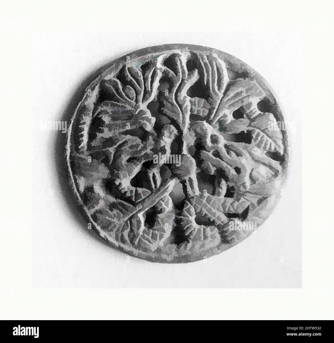 Arte ispirata da ornamento, sei dinastie (220-589), Cina, Bronzo, Diam. 1 1/2 poll. (3,8 cm), lavorazione del metallo, opere classiche modernizzate da Artotop con un tuffo di modernità. Forme, colore e valore, impatto visivo accattivante sulle emozioni artistiche attraverso la libertà delle opere d'arte in modo contemporaneo. Un messaggio senza tempo che persegue una nuova direzione selvaggiamente creativa. Artisti che si rivolgono al supporto digitale e creano l'NFT Artotop Foto Stock
