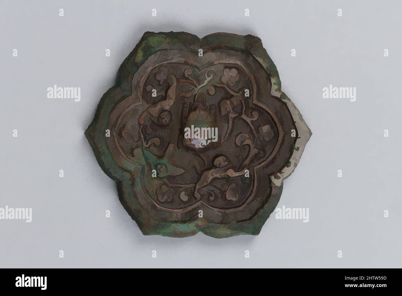 Arte ispirata a Mirror, dinastia Tang (618-907), Cina, Bronzo, Diam. 2 1/4 poll. (5,7 cm), specchi, opere classiche modernizzate da Artotop con un tuffo di modernità. Forme, colore e valore, impatto visivo accattivante sulle emozioni artistiche attraverso la libertà delle opere d'arte in modo contemporaneo. Un messaggio senza tempo che persegue una nuova direzione selvaggiamente creativa. Artisti che si rivolgono al supporto digitale e creano l'NFT Artotop Foto Stock