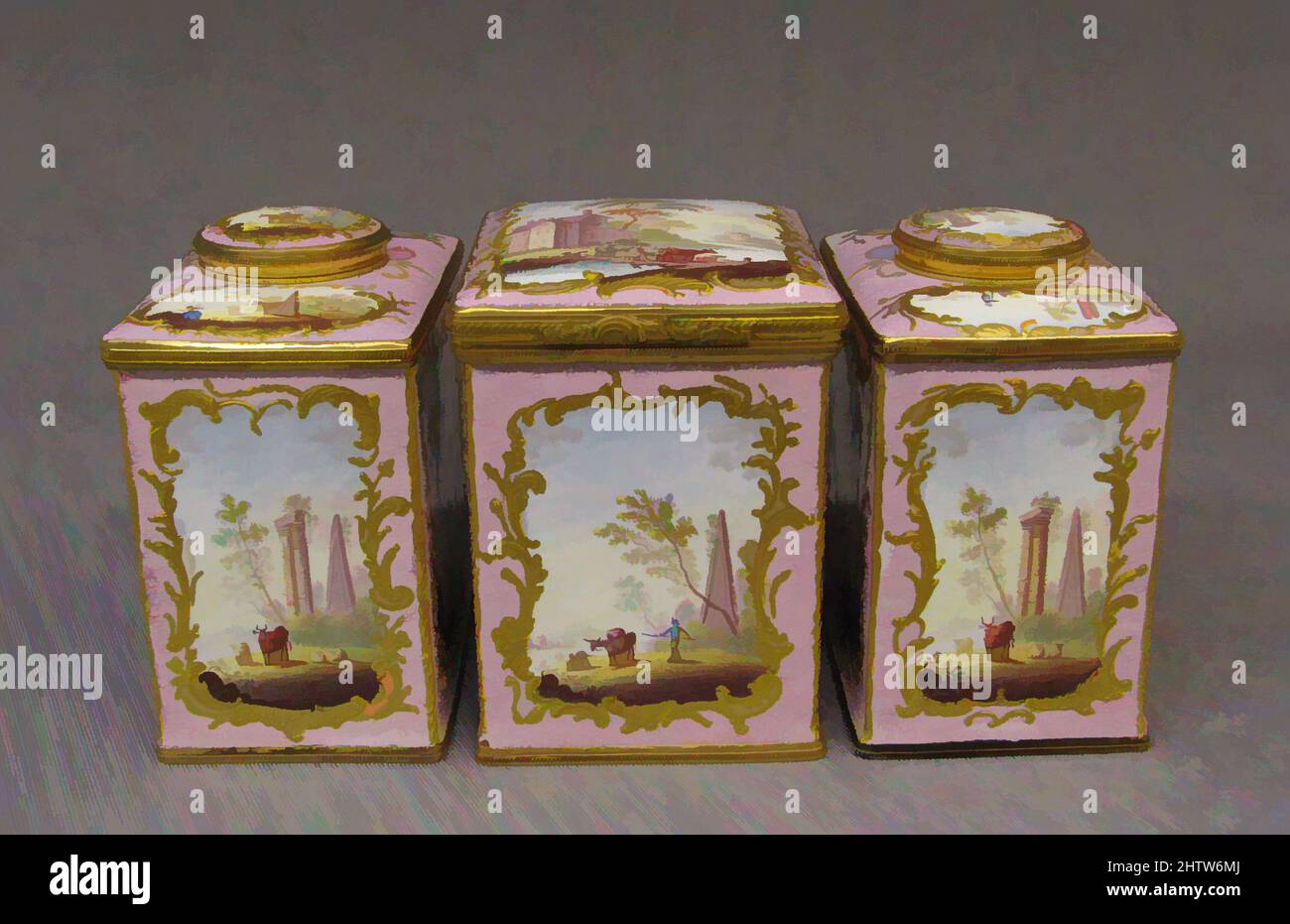 Arte ispirata a Sugar box, ca. 1770, British, South Staffordshire, smalto bianco su rame verniciato in smalti policromi, H. 3 3/4 poll. (9,5 cm); W. 2 5/8" (6,7 cm.), dipinto di Enamels, contenente due tisane per il tè (verde e nero) e uno più grande per lo zucchero, questo petto potrebbe essere, opere classiche modernizzate da Artotop con un tuffo di modernità. Forme, colore e valore, impatto visivo accattivante sulle emozioni artistiche attraverso la libertà delle opere d'arte in modo contemporaneo. Un messaggio senza tempo che persegue una nuova direzione selvaggiamente creativa. Artisti che si rivolgono al supporto digitale e creano l'NFT Artotop Foto Stock Arte ispirata a Sugar box, ca. 1770, British, South Staffordshire, smalto bianco su rame verniciato in smalti policromi, H. 3 3/4 poll. (9,5 cm); W. 2 5/8" (6,7 cm.), dipinto di Enamels, contenente due tisane per il tè (verde e nero) e uno più grande per lo zucchero, questo petto potrebbe essere, opere classiche modernizzate da Artotop con un tuffo di modernità. Forme, colore e valore, impatto visivo accattivante sulle emozioni artistiche attraverso la libertà delle opere d'arte in modo contemporaneo. Un messaggio senza tempo che persegue una nuova direzione selvaggiamente creativa. Artisti che si rivolgono al supporto digitale e creano l'NFT Artotop Foto Stock