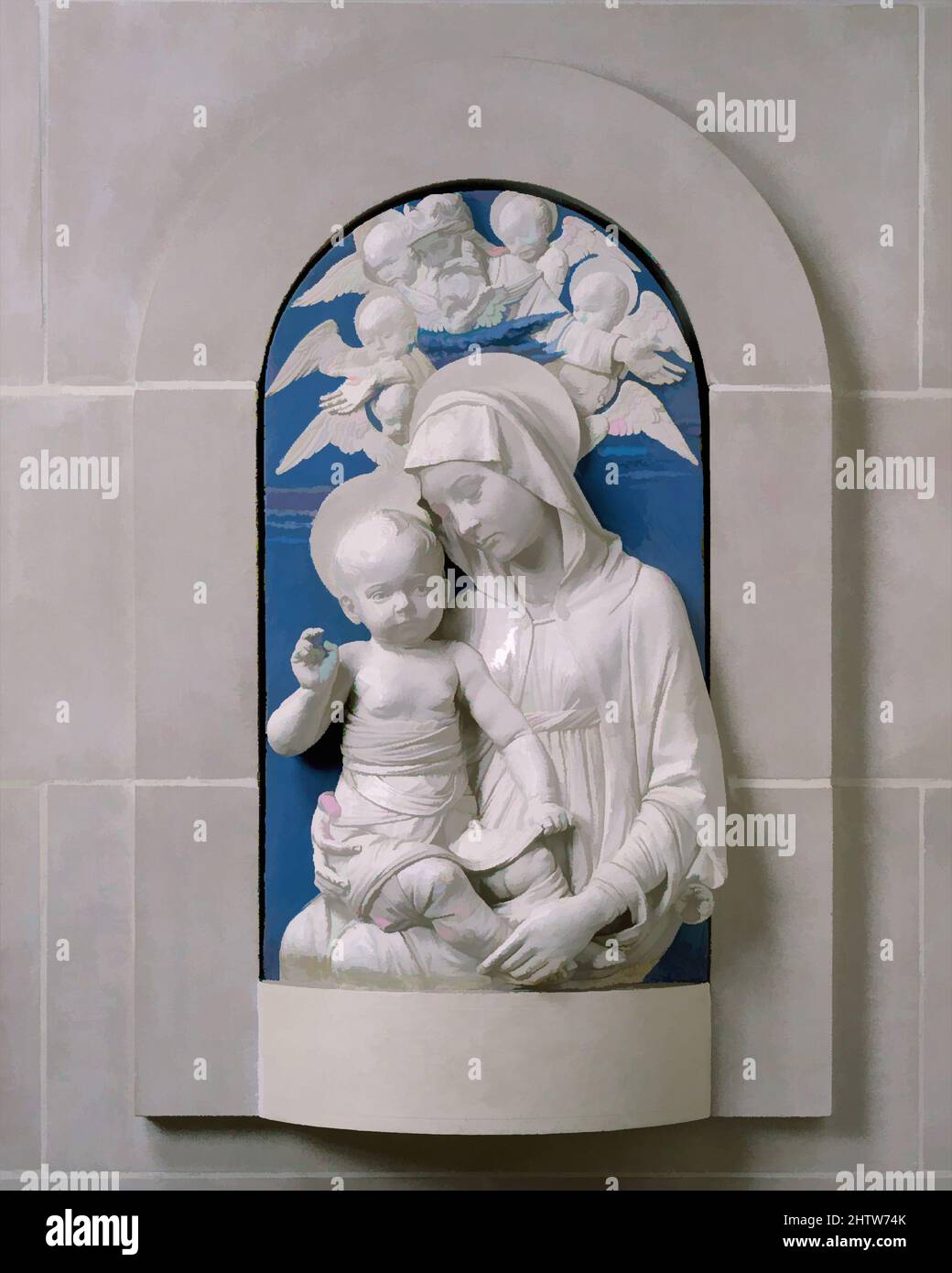 Arte ispirata da Vergine e Bambino, ca. 1470–75, italiano, Firenze, terracotta smaltata, 37 3/8 x 21 5/8 pollici (94,9 x 54,9 cm), scultura, Andrea della Robbia (italiano, 1435–1525), Andrea era nipote e discepolo di Luca della Robbia, che sviluppò i smalti blu e bianco su cui si usava, opere classiche modernizzate da Artotop con un tuffo di modernità. Forme, colore e valore, impatto visivo accattivante sulle emozioni artistiche attraverso la libertà delle opere d'arte in modo contemporaneo. Un messaggio senza tempo che persegue una nuova direzione selvaggiamente creativa. Artisti che si rivolgono al supporto digitale e creano l'NFT Artotop Foto Stock